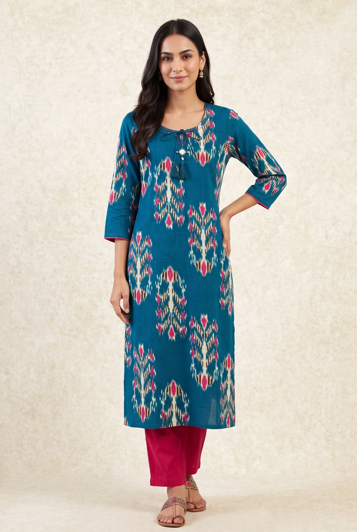 Peacock Blue Cotton Kurti with Rani Pink Ikat-inspired motifs
