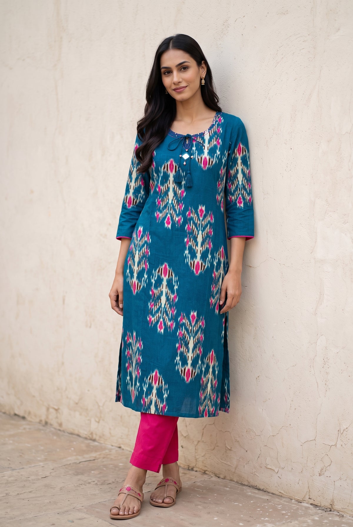 Peacock Blue Cotton Kurti with Rani Pink Ikat-inspired motifs