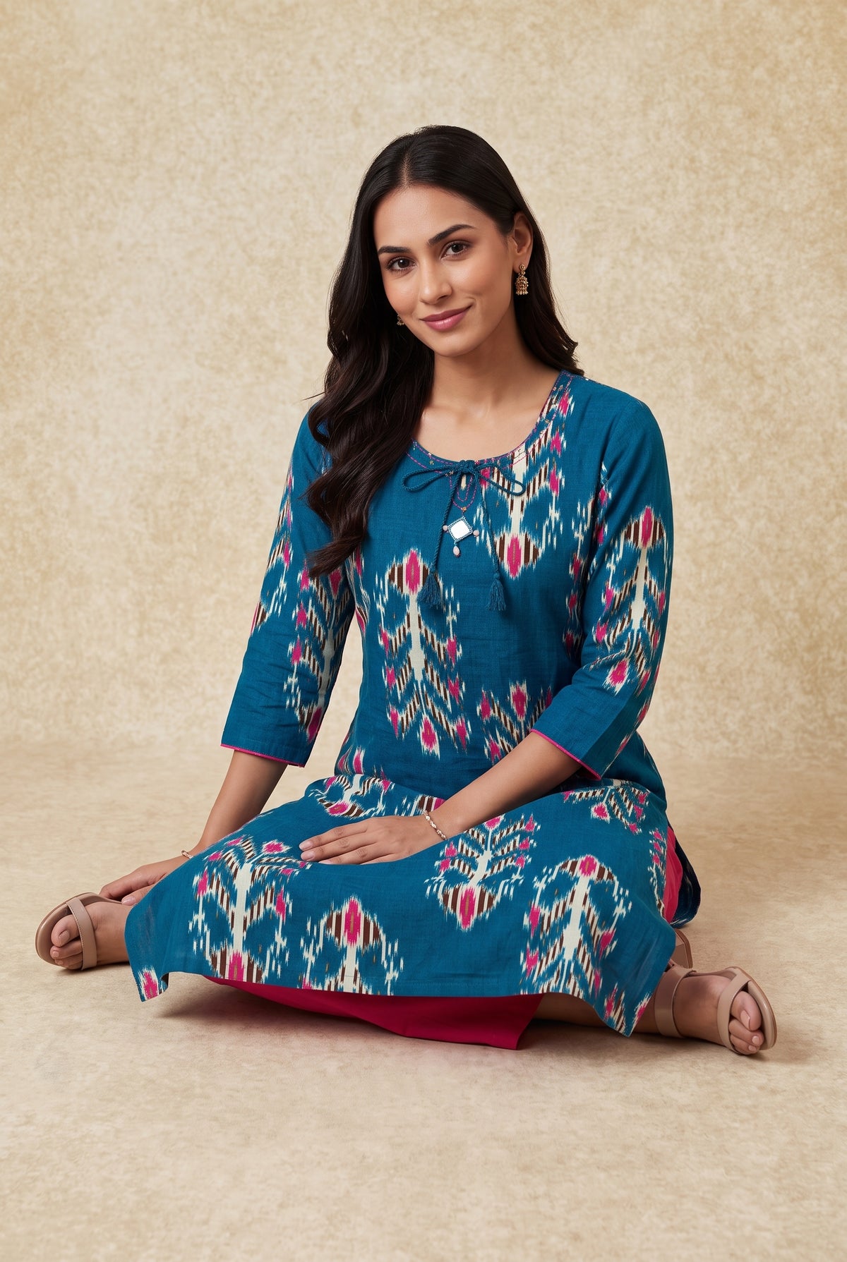 Peacock Blue Cotton Kurti with Rani Pink Ikat-inspired motifs