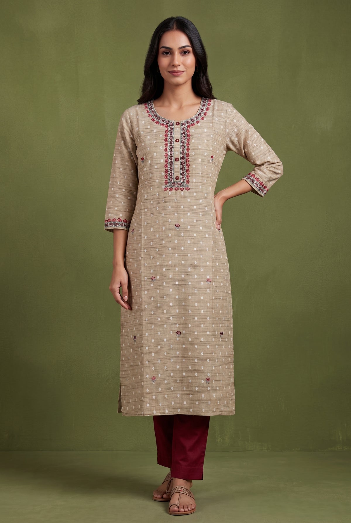 Earthy Brown Cotton Kurti with Embroidered Floral collar