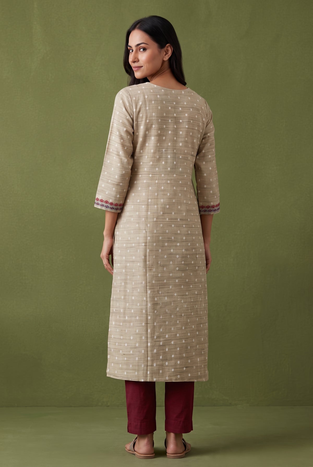 Earthy Brown Cotton Kurti with Embroidered Floral collar