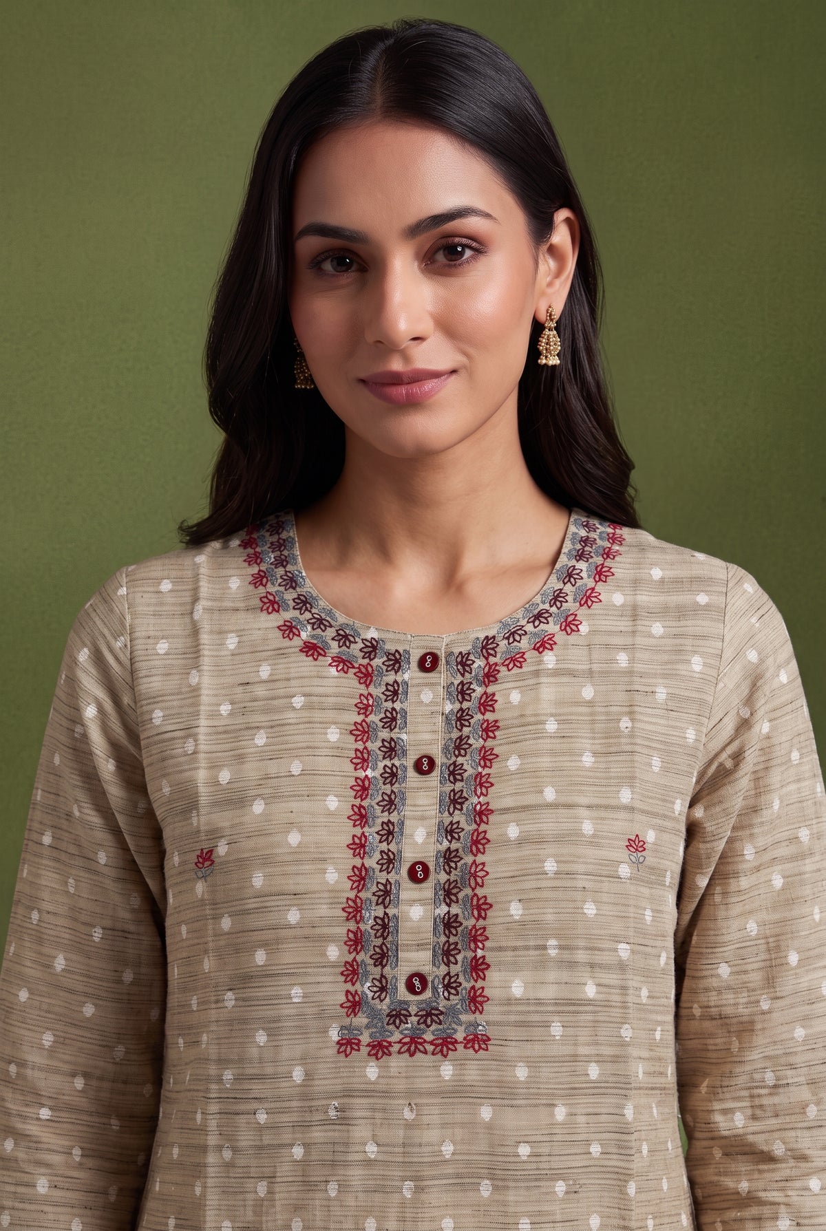 Earthy Brown Cotton Kurti with Embroidered Floral collar