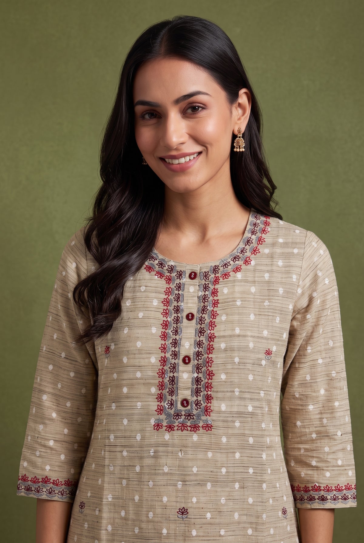 Earthy Brown Cotton Kurti with Embroidered Floral collar