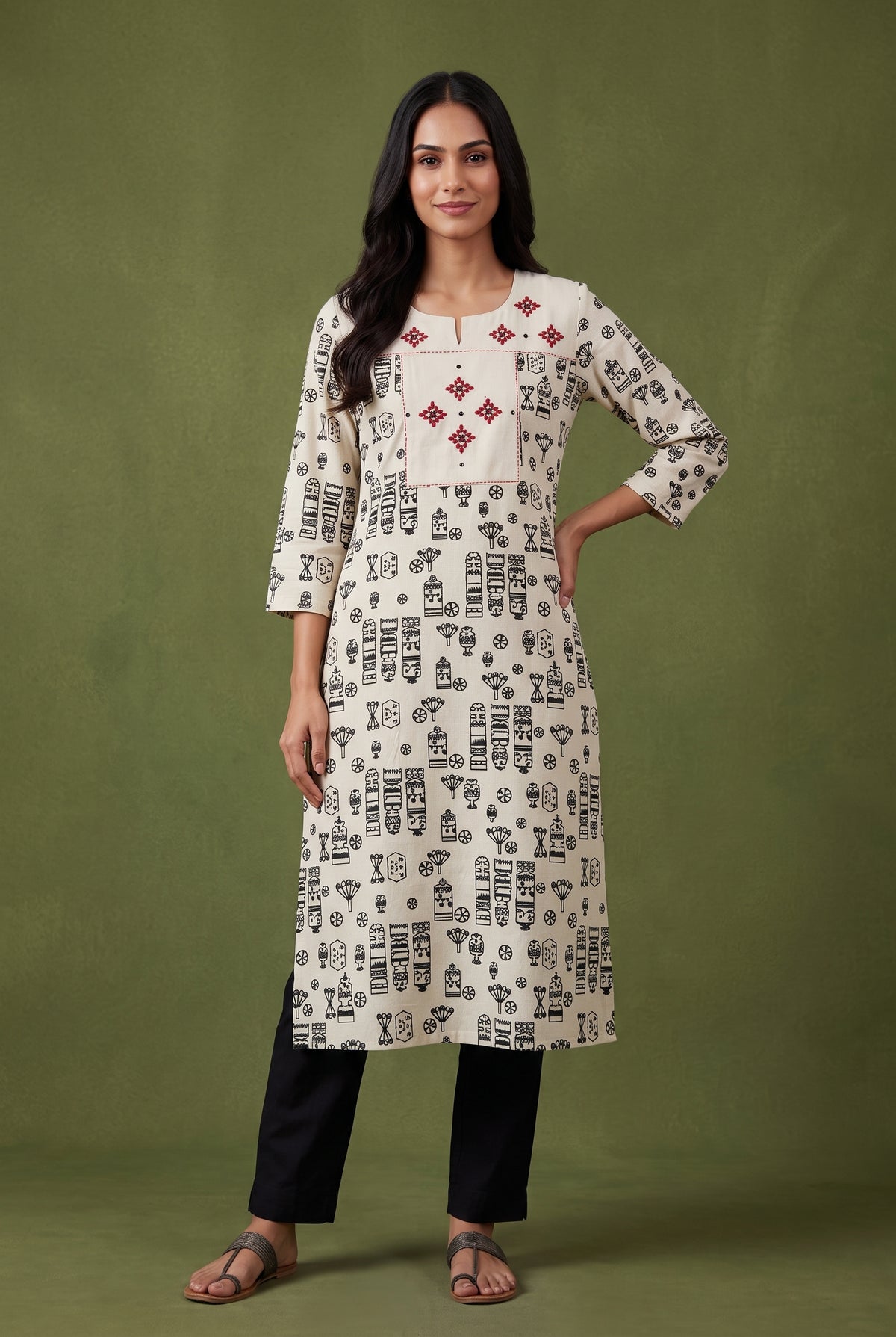 Ivory White Abstract Print Cotton Kurti with Rani Red threadwork and Mirrorwork