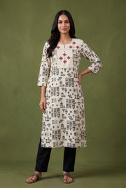 Ivory White Abstract Print Cotton Kurti with Rani Red threadwork and Mirrorwork