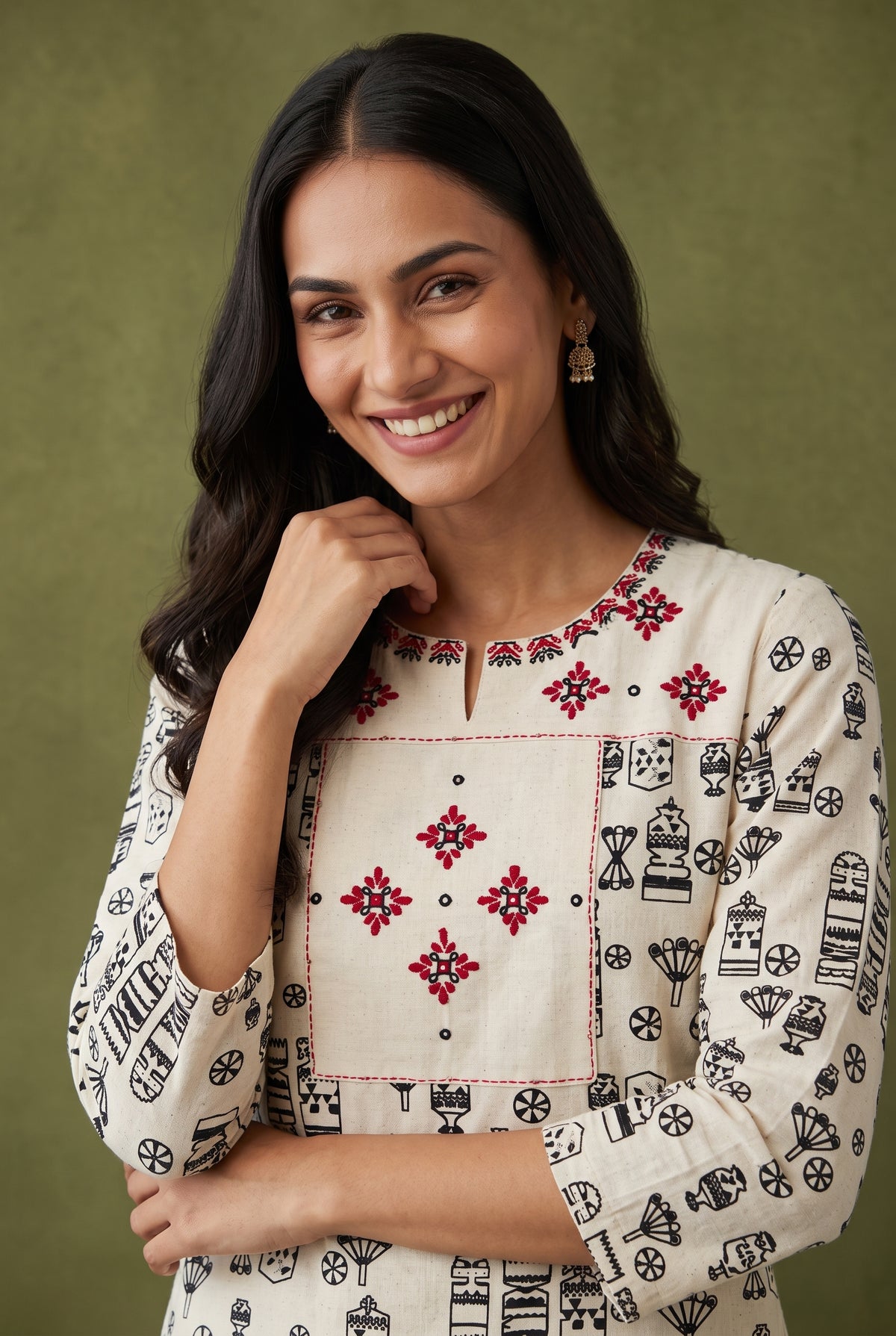 Ivory White Abstract Print Cotton Kurti with Rani Red threadwork and Mirrorwork