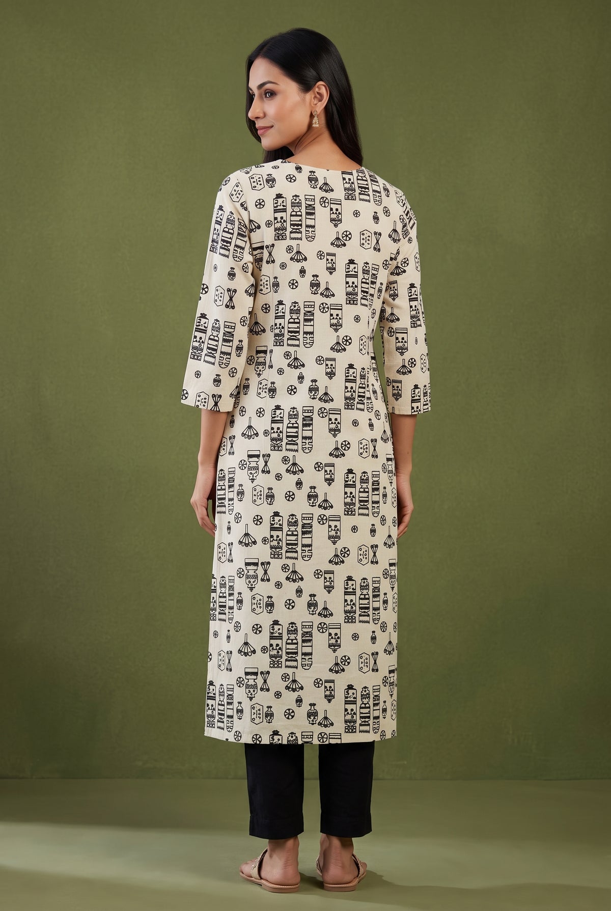 Ivory White Abstract Print Cotton Kurti with Rani Red threadwork and Mirrorwork