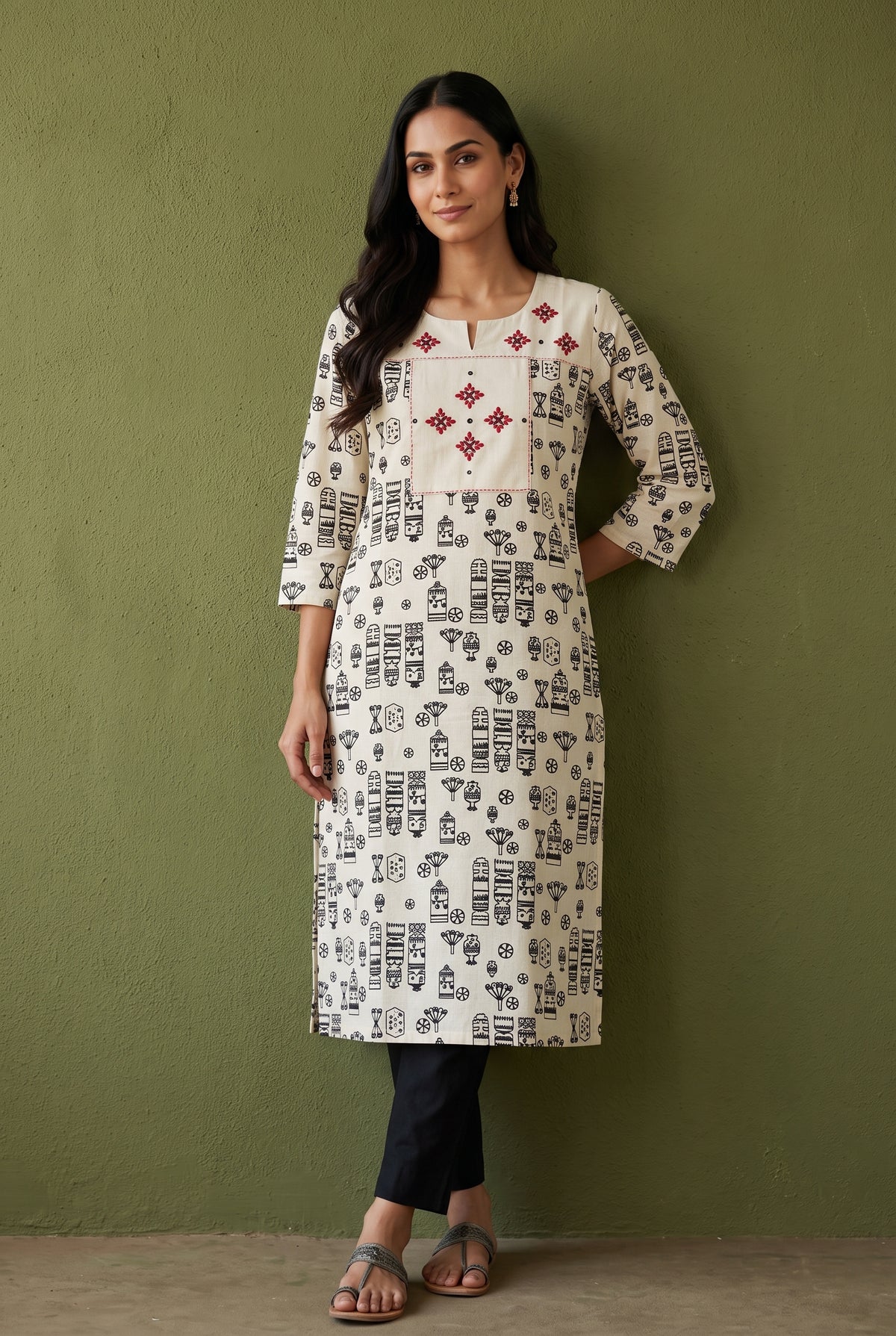 Ivory White Abstract Print Cotton Kurti with Rani Red threadwork and Mirrorwork
