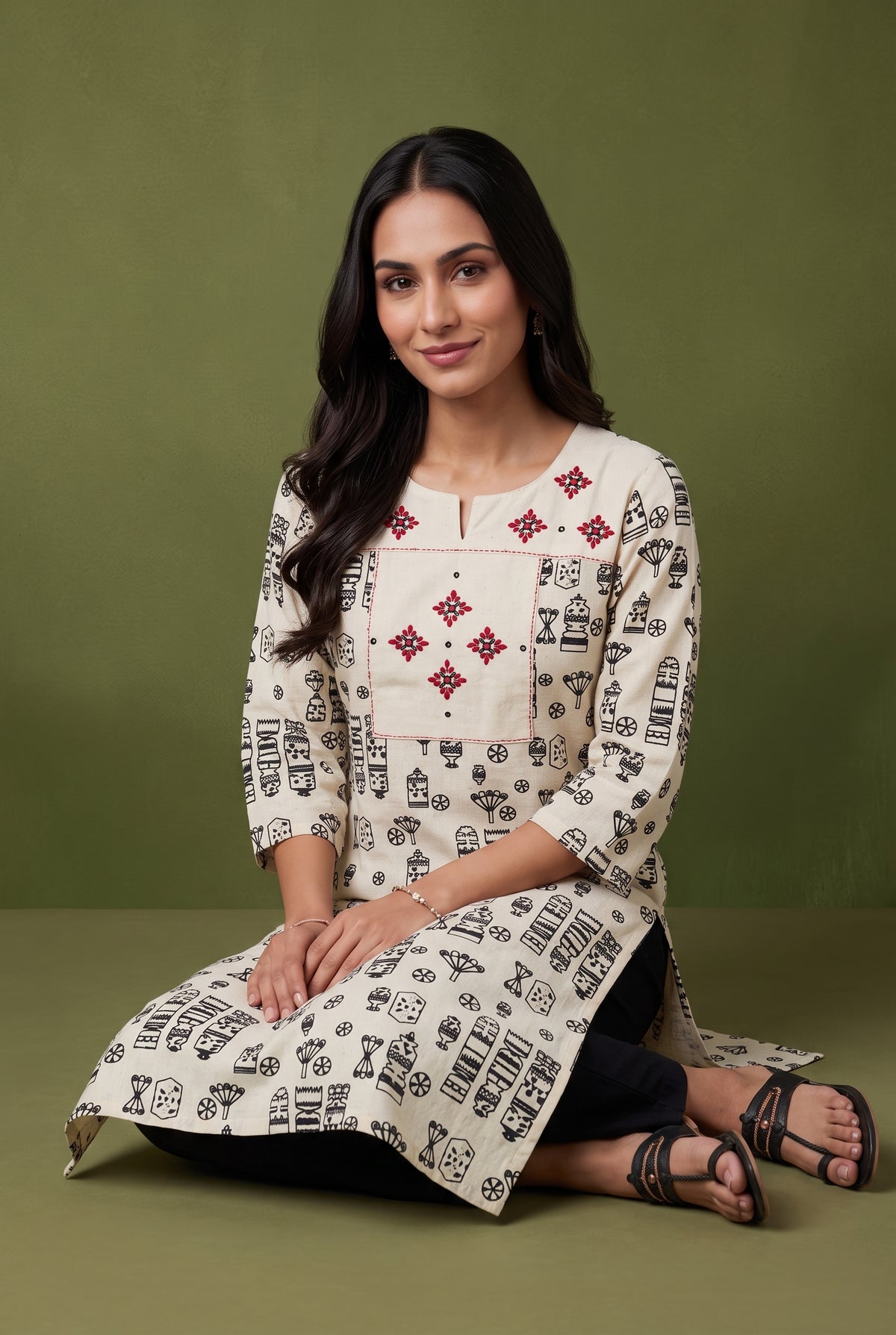 Ivory White Abstract Print Cotton Kurti with Rani Red threadwork and Mirrorwork