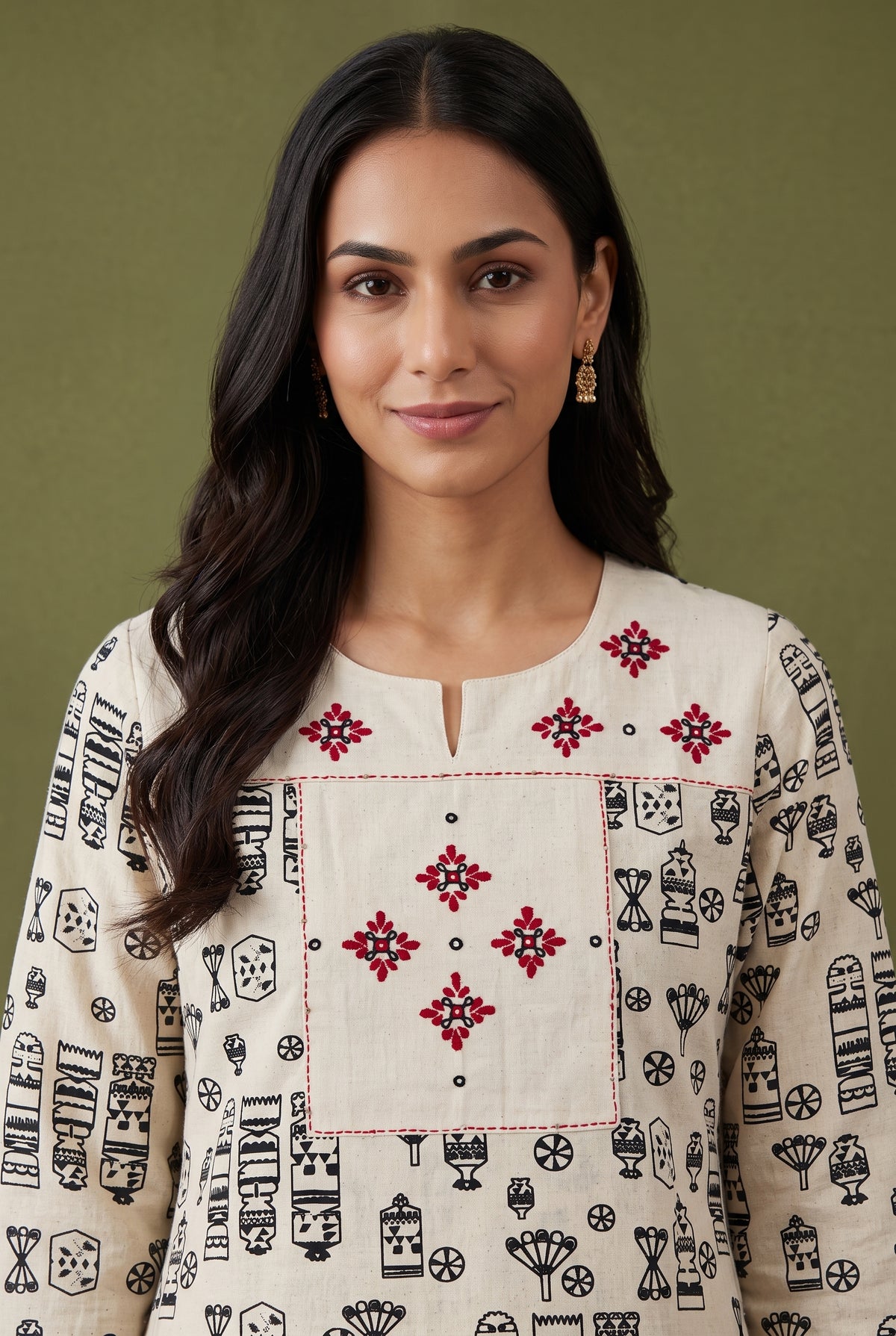 Ivory White Abstract Print Cotton Kurti with Rani Red threadwork and Mirrorwork