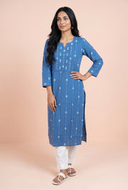 Indigo Blue Cotton Kurti with Resham Threadwork and Sequins