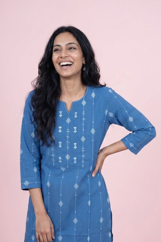 Indigo Blue Cotton Kurti with Resham Threadwork and Sequins