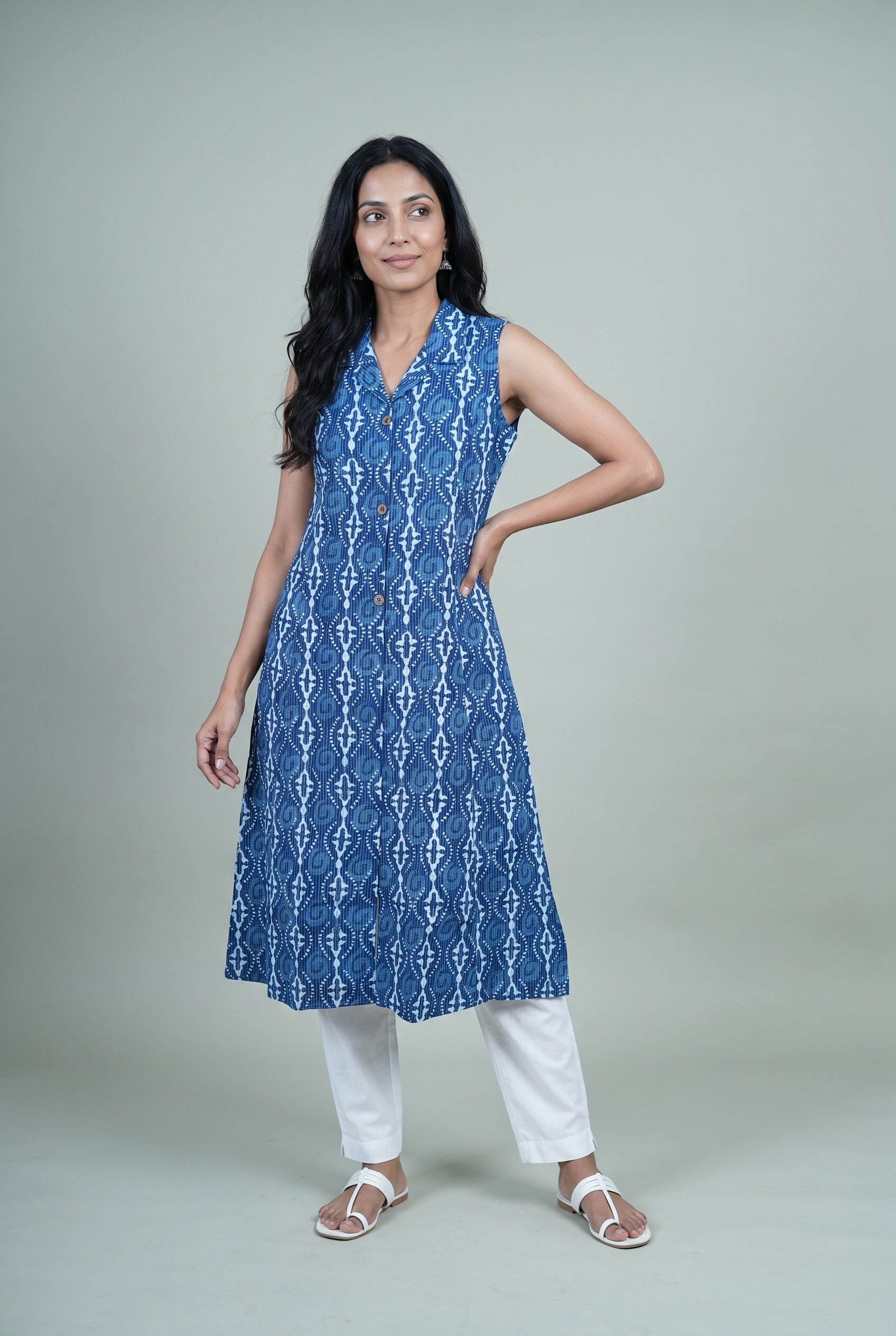 Indigo Blue Cotton Kurti with handblock Batik Print