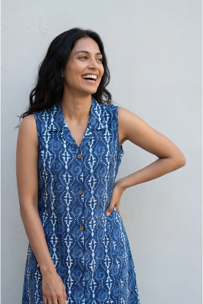 Indigo Blue Cotton Kurti with handblock Batik Print