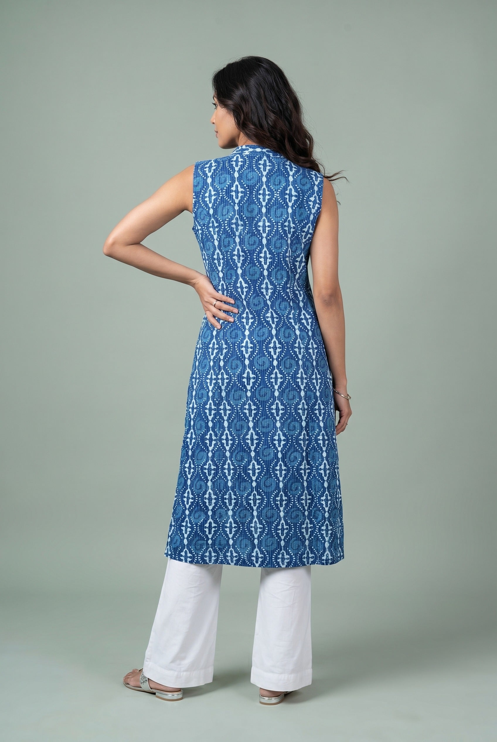 Indigo Blue Cotton Kurti with handblock Batik Print