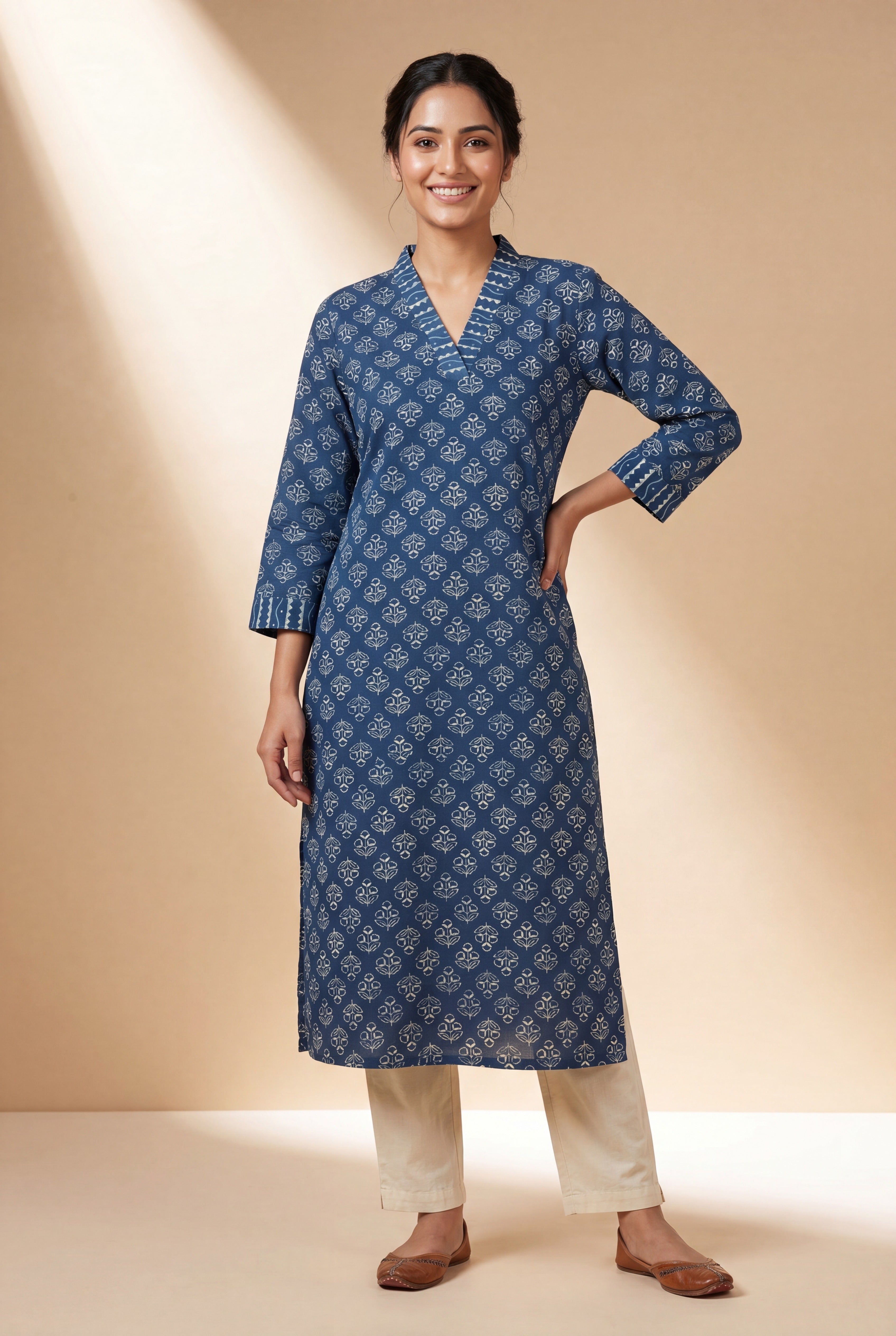 Indigo Blue Indivara Kurti with Printed Floral Block Print