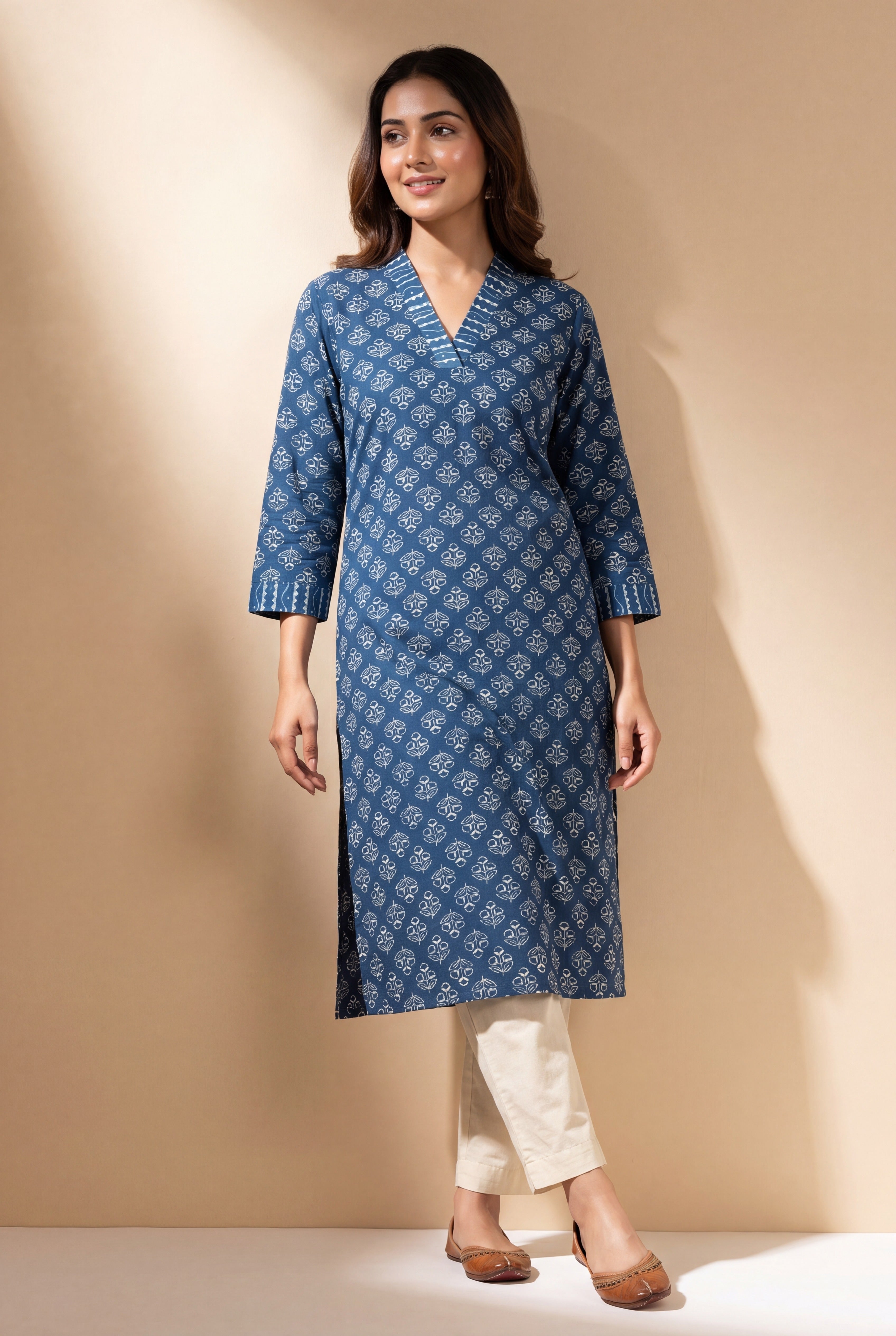 Indigo Blue Indivara Kurti with Printed Floral Block Print