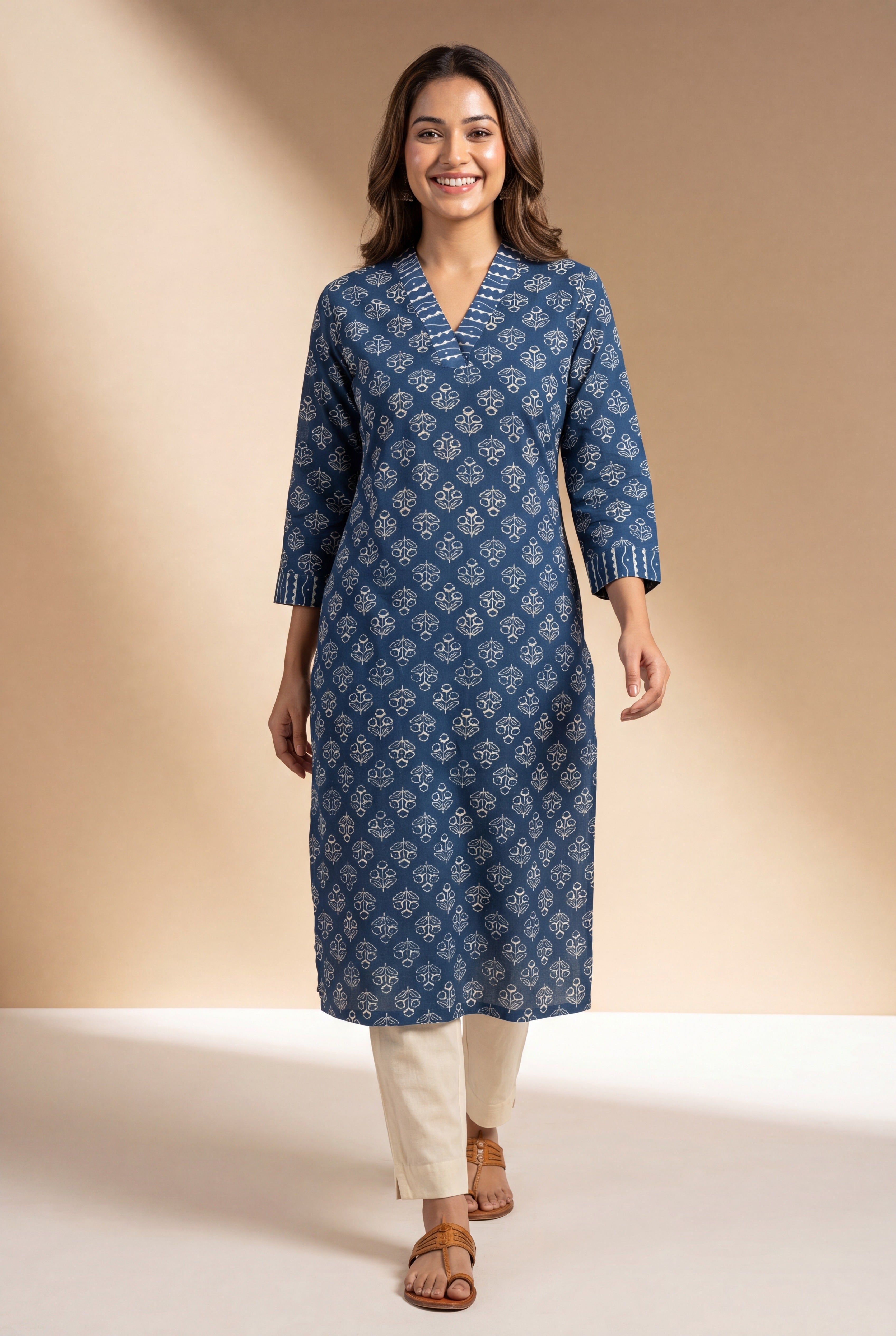 Indigo Blue Indivara Kurti with Printed Floral Block Print