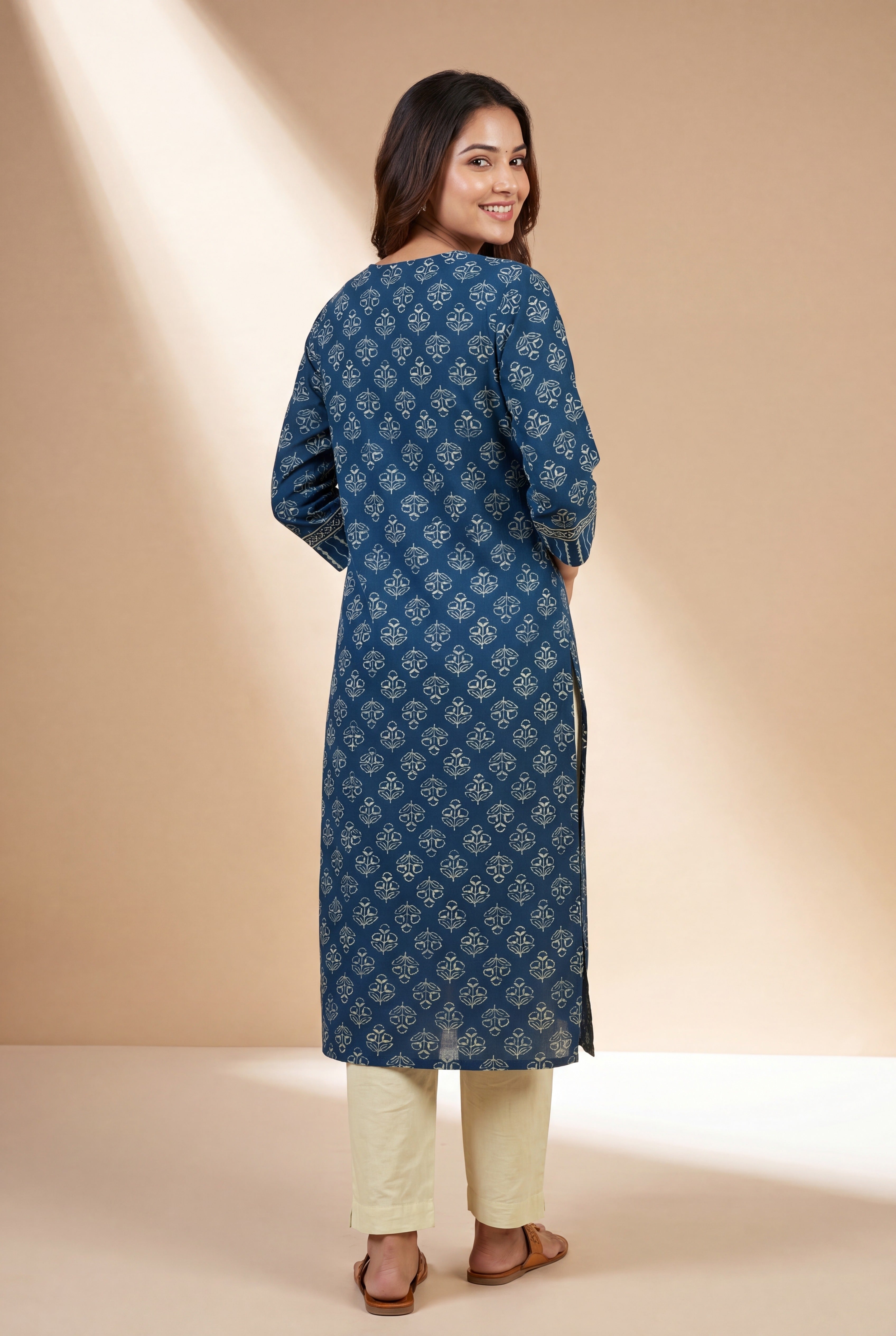 Indigo Blue Indivara Kurti with Printed Floral Block Print