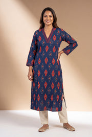 Indigo Blue Kurti with Crimson Ikkat Print