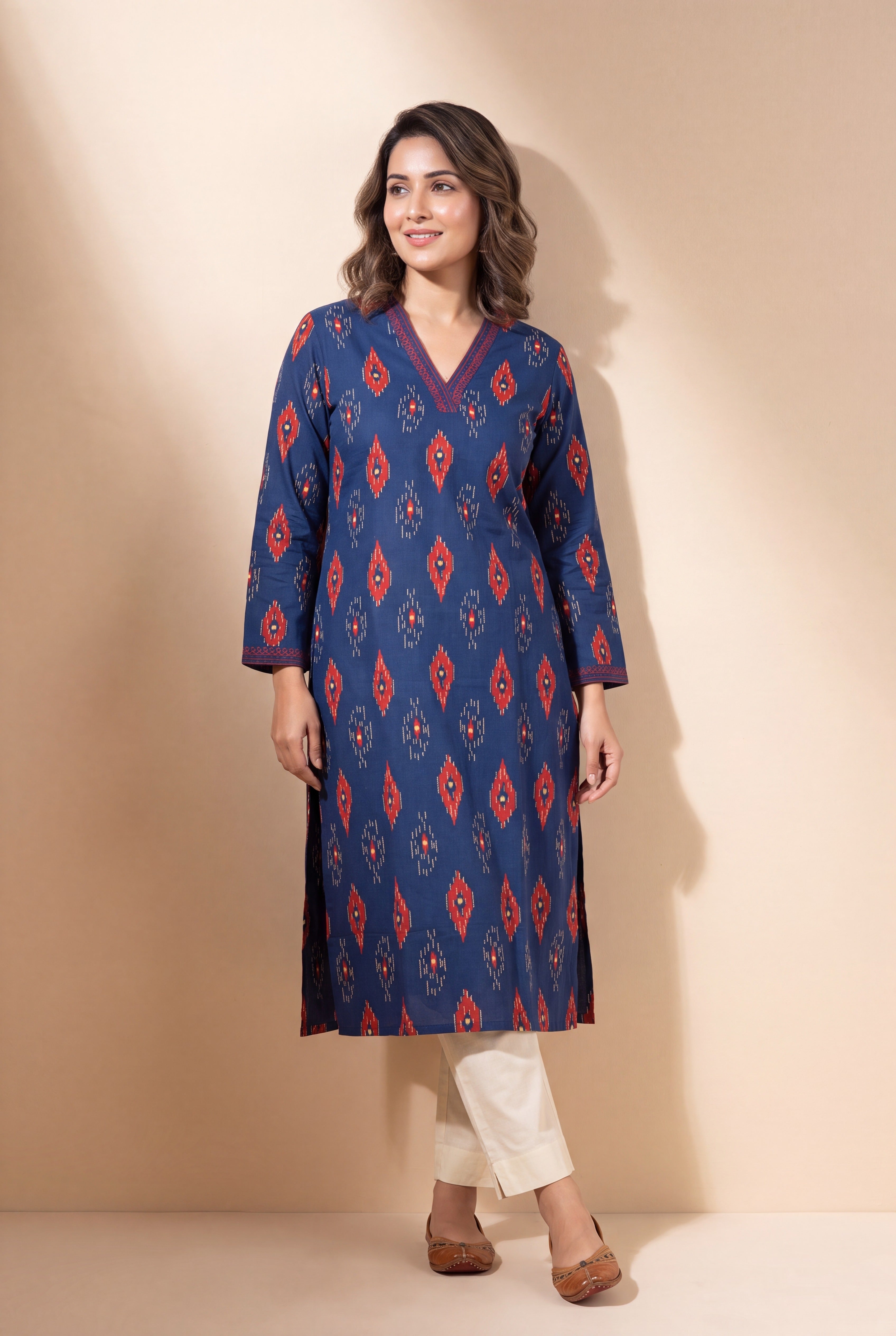 Indigo Blue Kurti with Crimson Ikkat Print