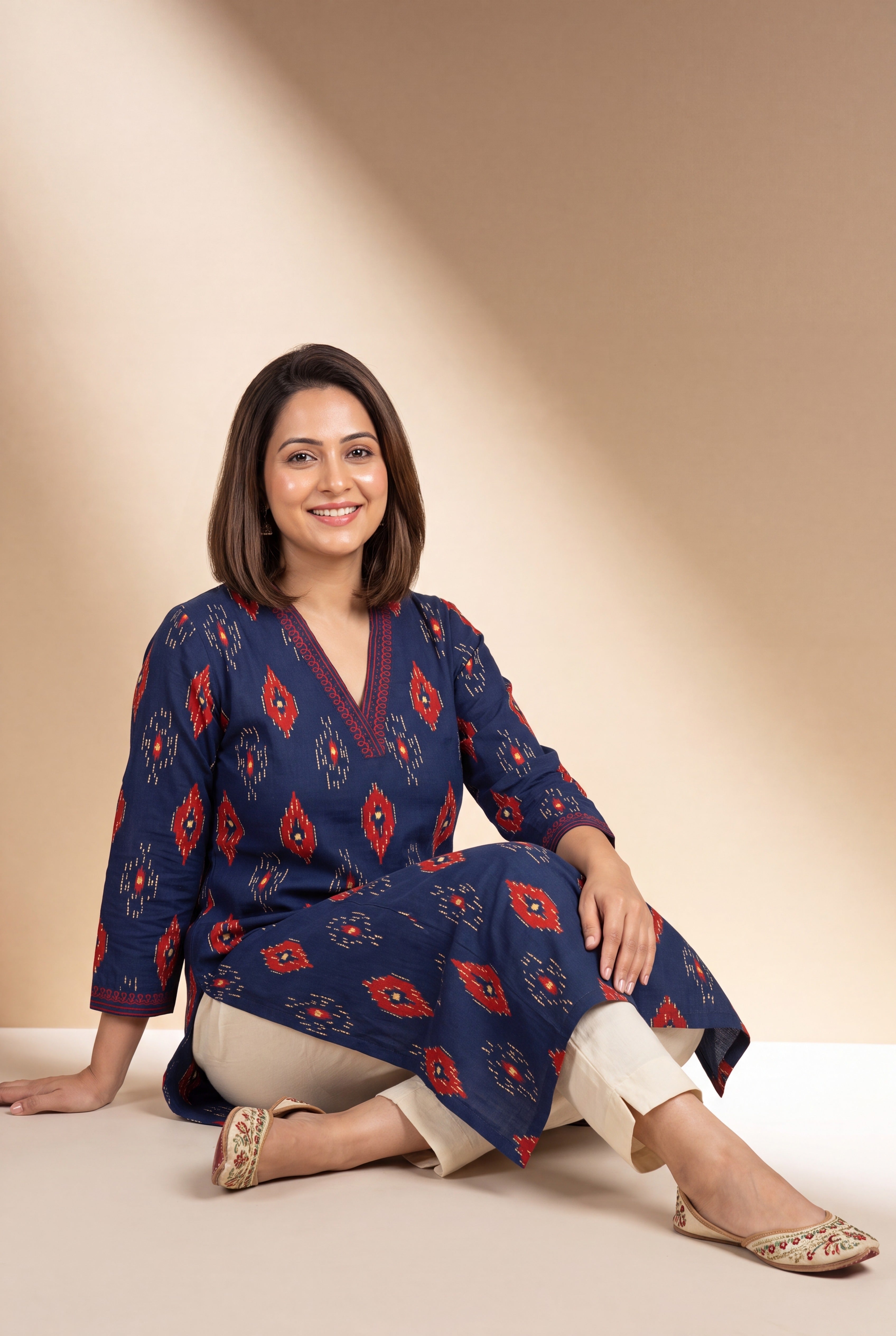 Indigo Blue Kurti with Crimson Ikkat Print