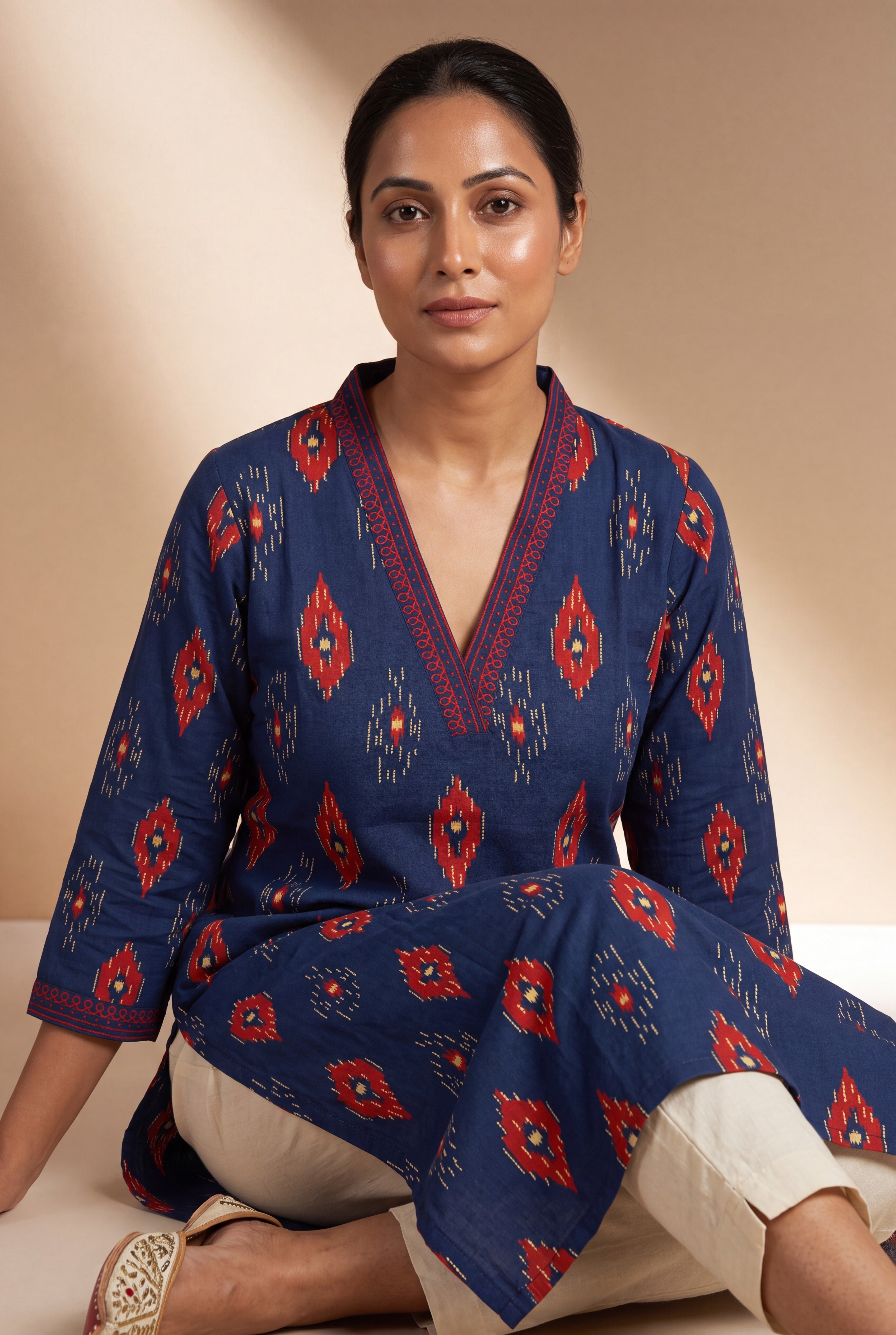Indigo Blue Kurti with Crimson Ikkat Print