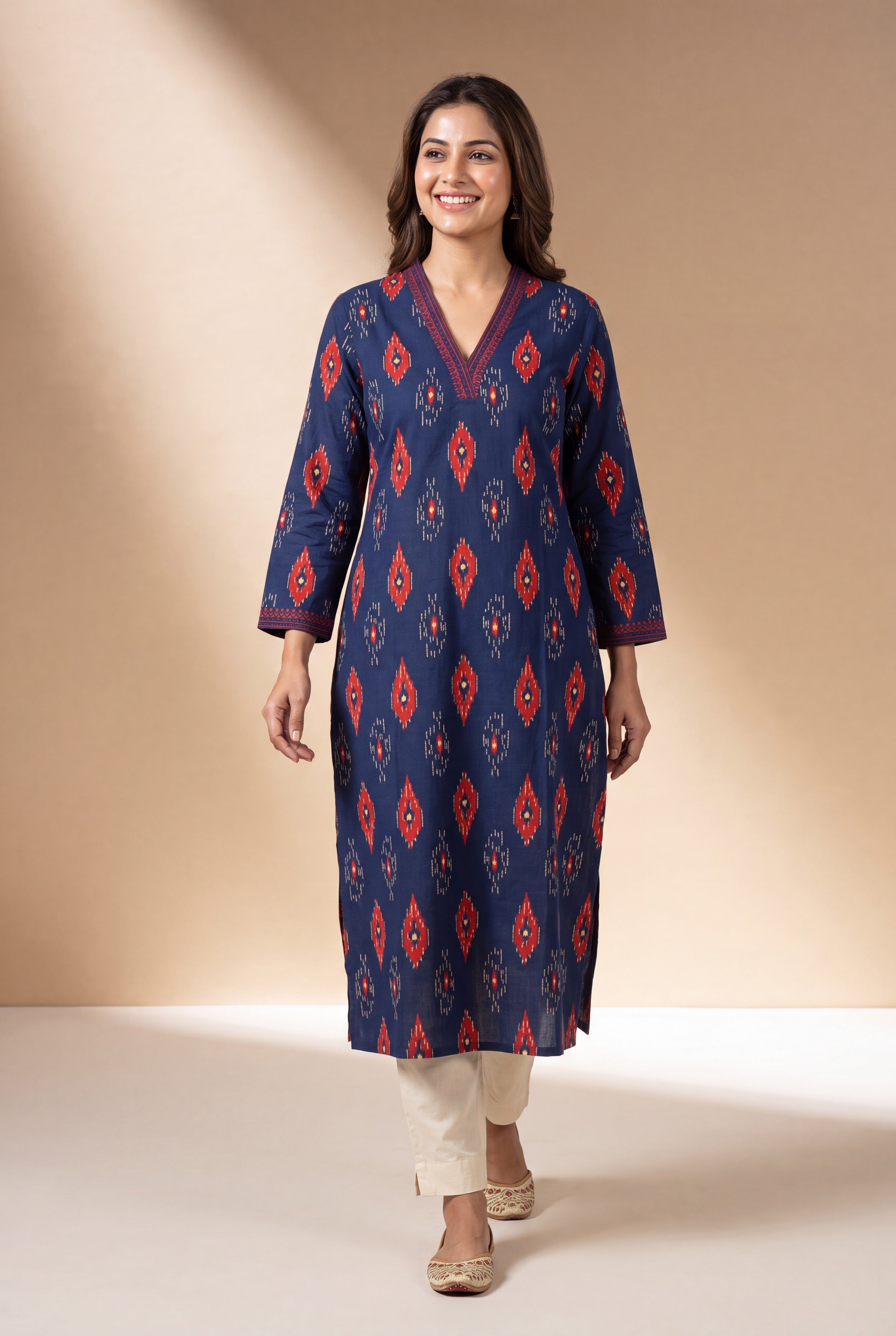 Indigo Blue Kurti with Crimson Ikkat Print