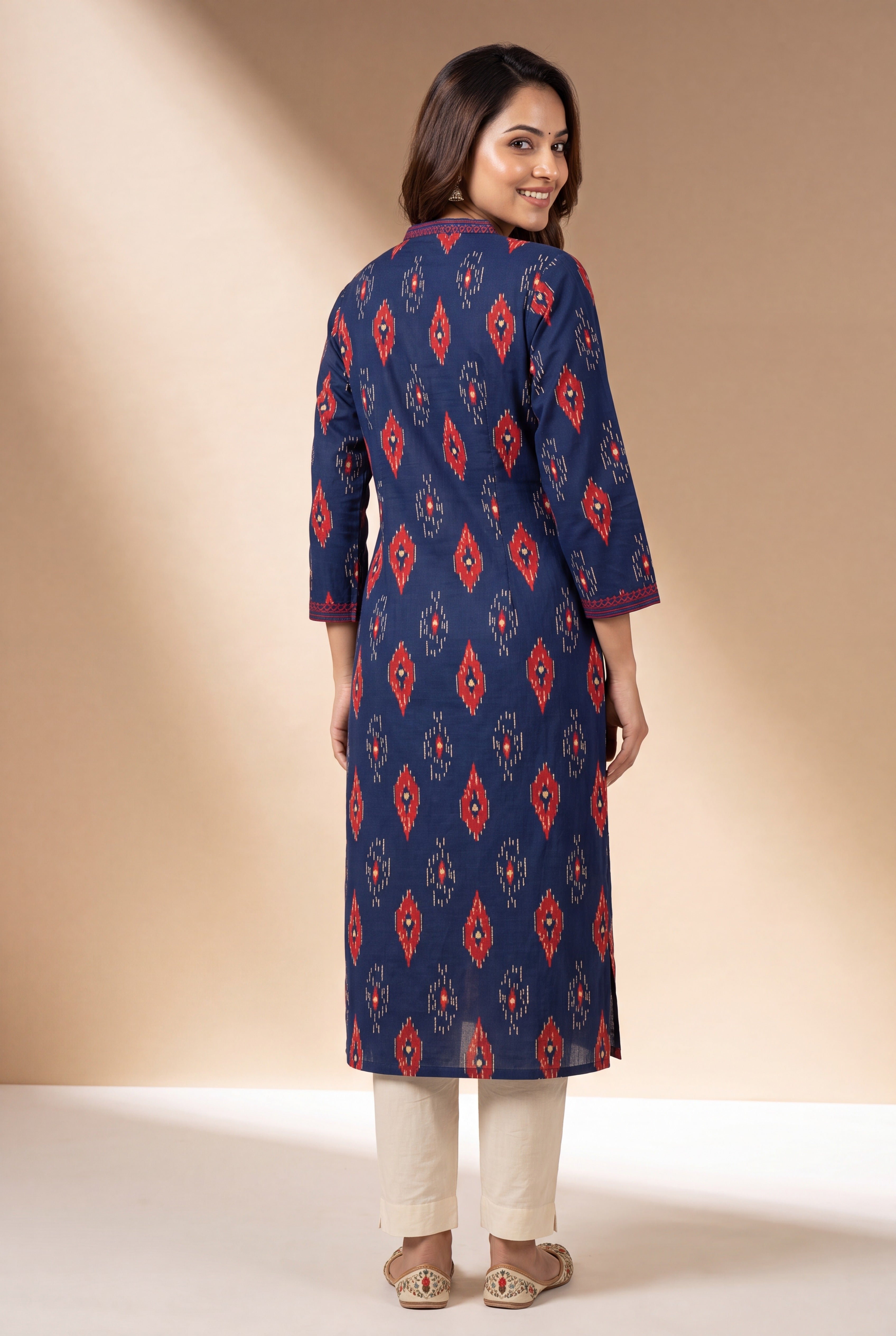 Indigo Blue Kurti with Crimson Ikkat Print