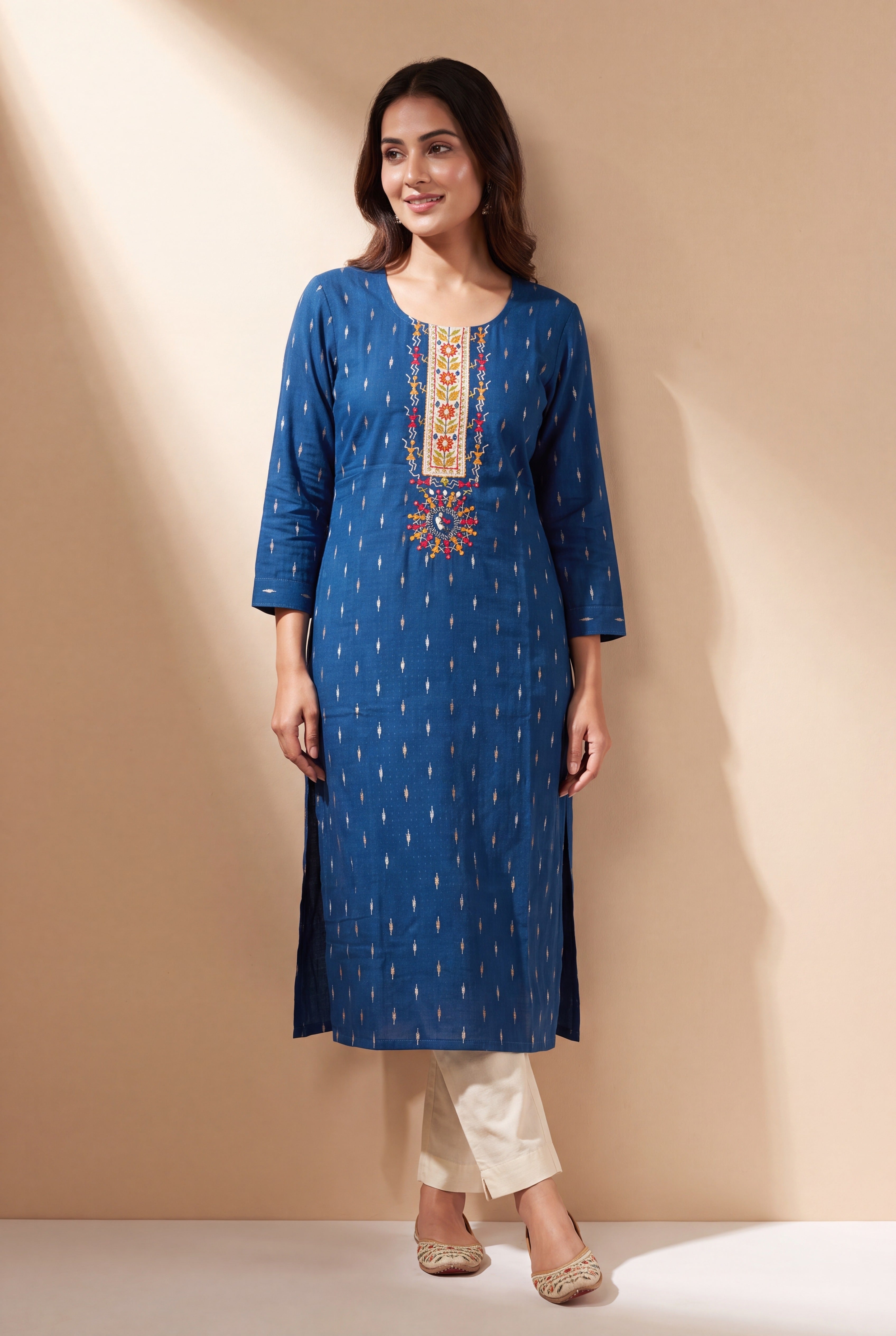 Indigo Blue Kurti with Crimson and Mustard Warli Embroidary
