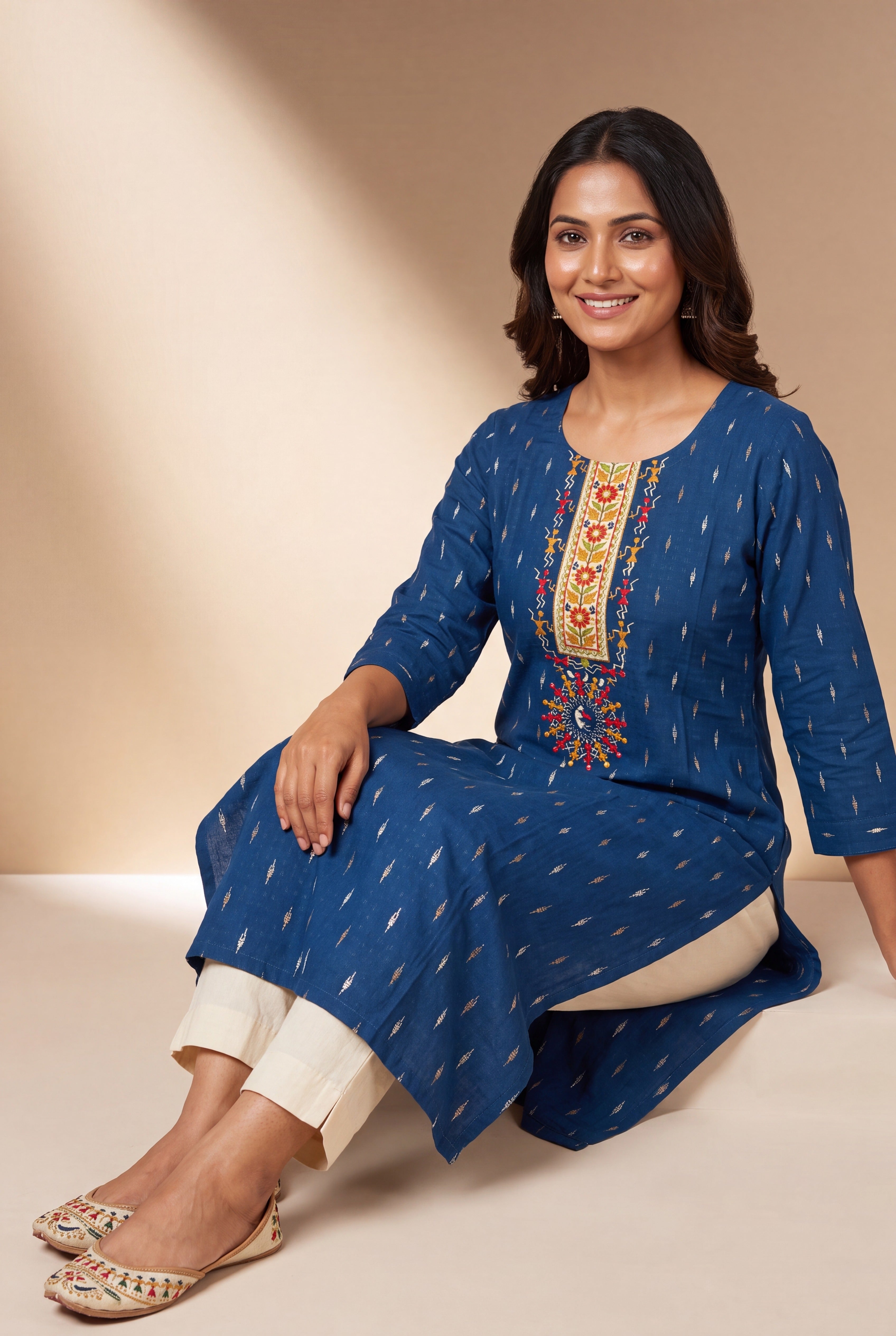 Indigo Blue Kurti with Crimson and Mustard Warli Embroidary