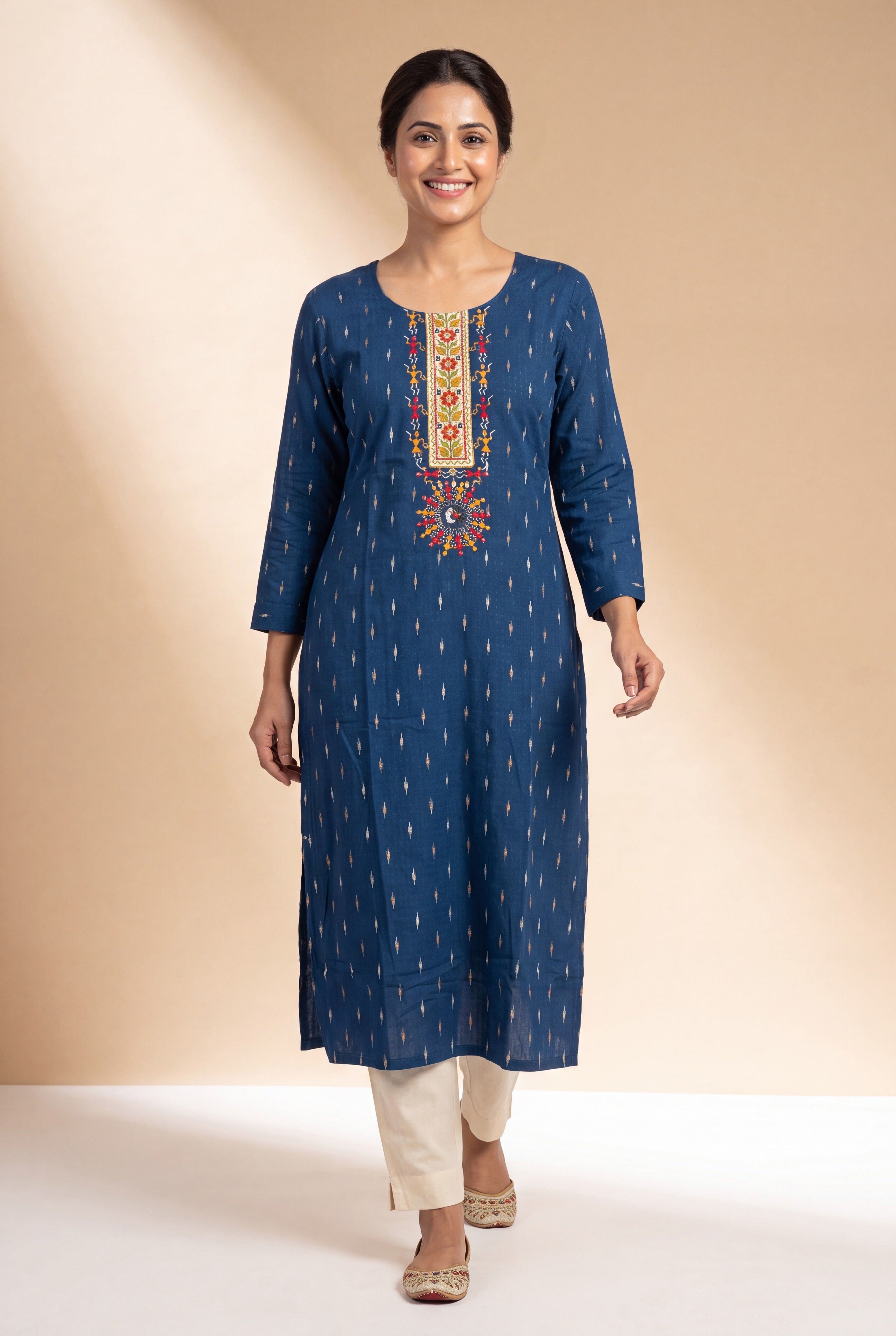 Indigo Blue Kurti with Crimson and Mustard Warli Embroidary