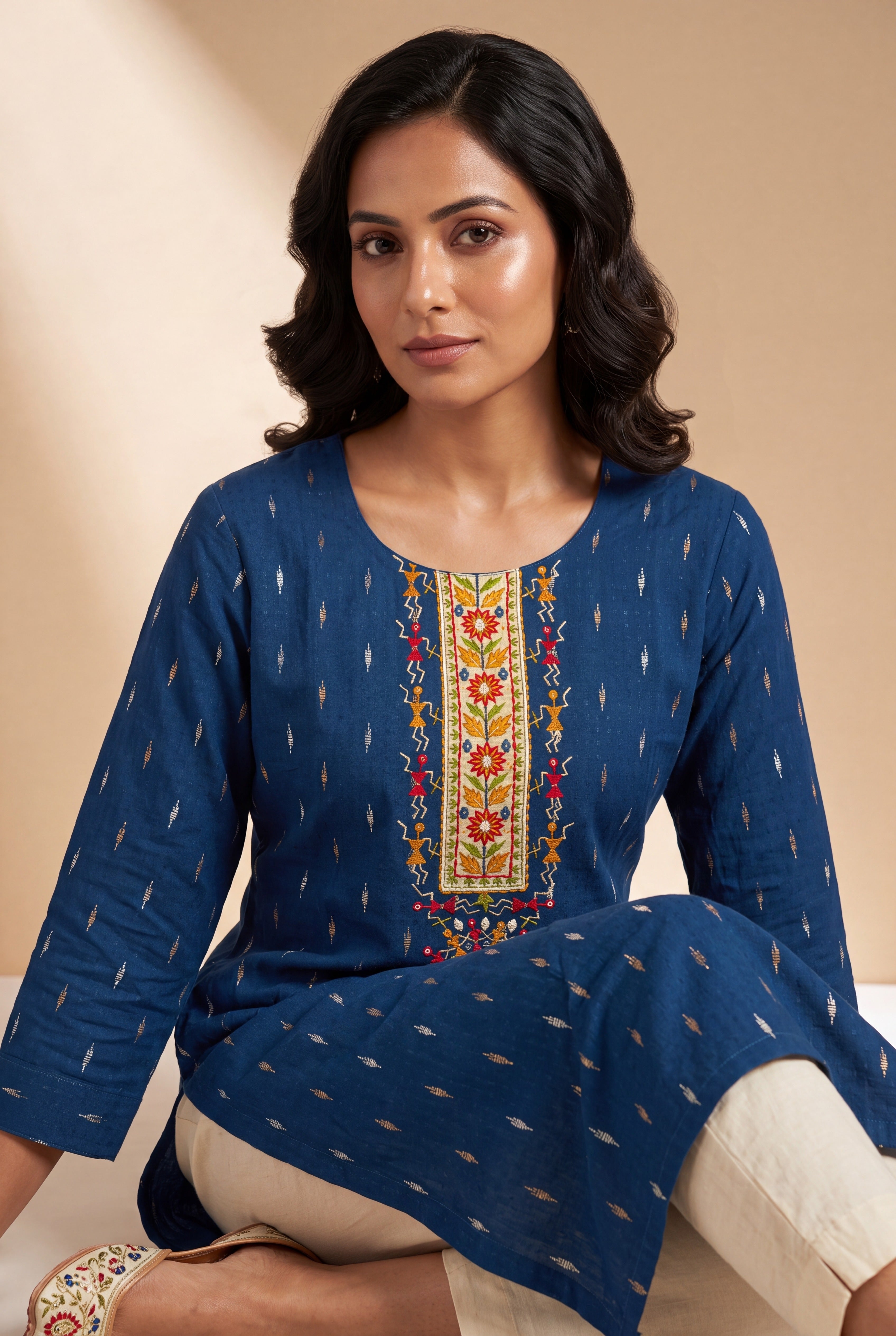 Indigo Blue Kurti with Crimson and Mustard Warli Embroidary