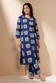 Indigo Blue Parna Cotton Co-ord Set with Botanical Block Print
