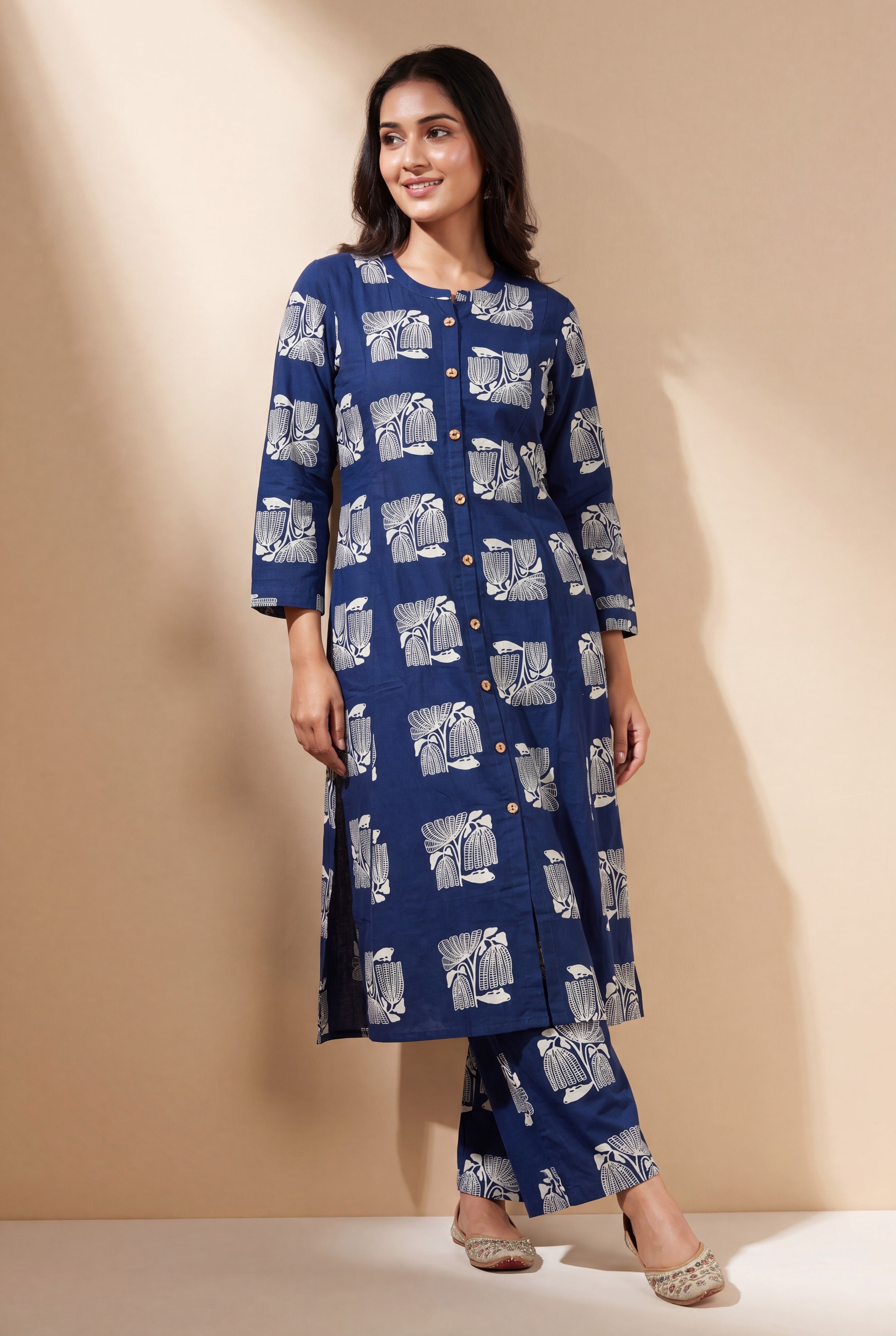 Indigo Blue Parna Cotton Co-ord Set with Botanical Block Print