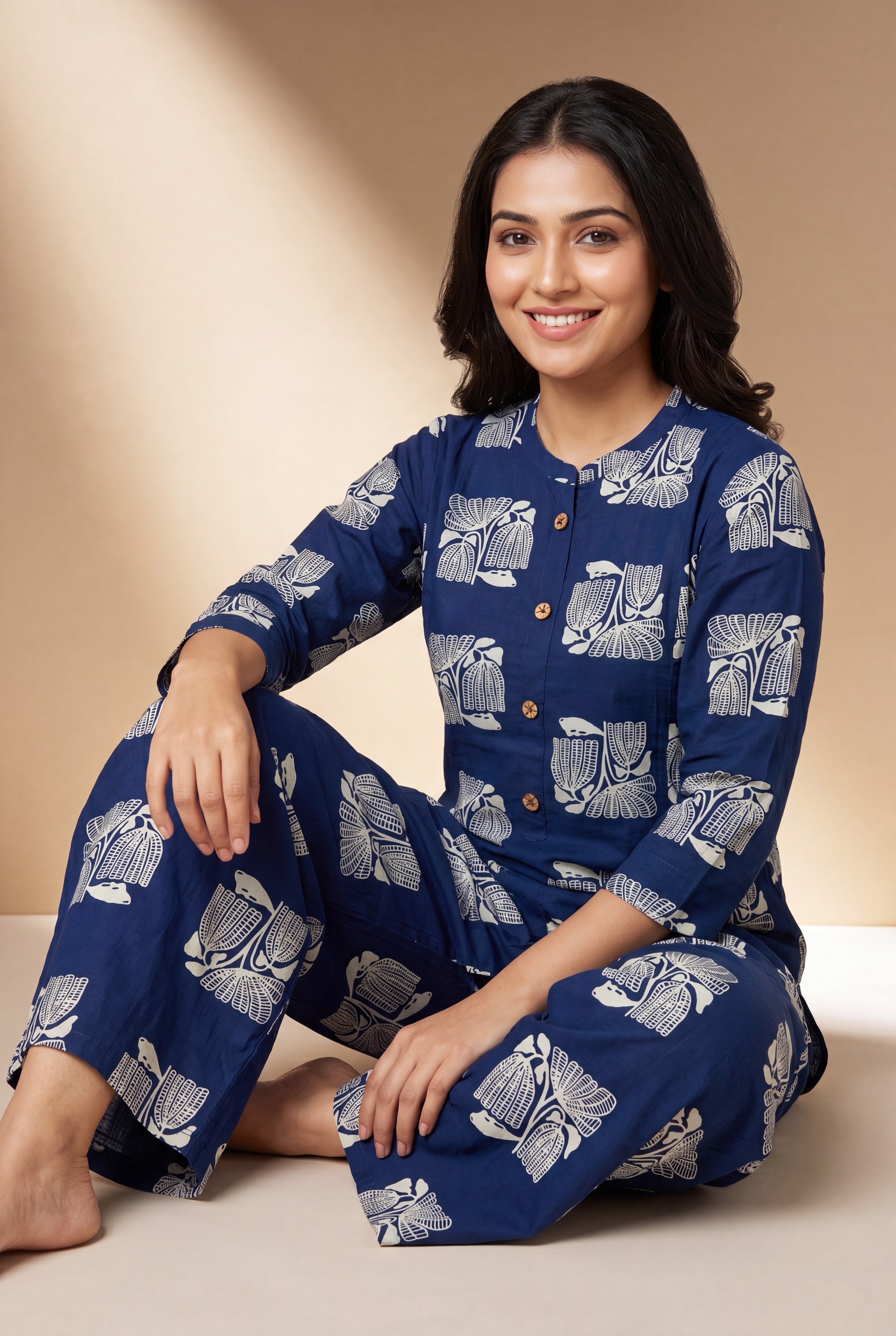 Indigo Blue Parna Cotton Co-ord Set with Botanical Block Print