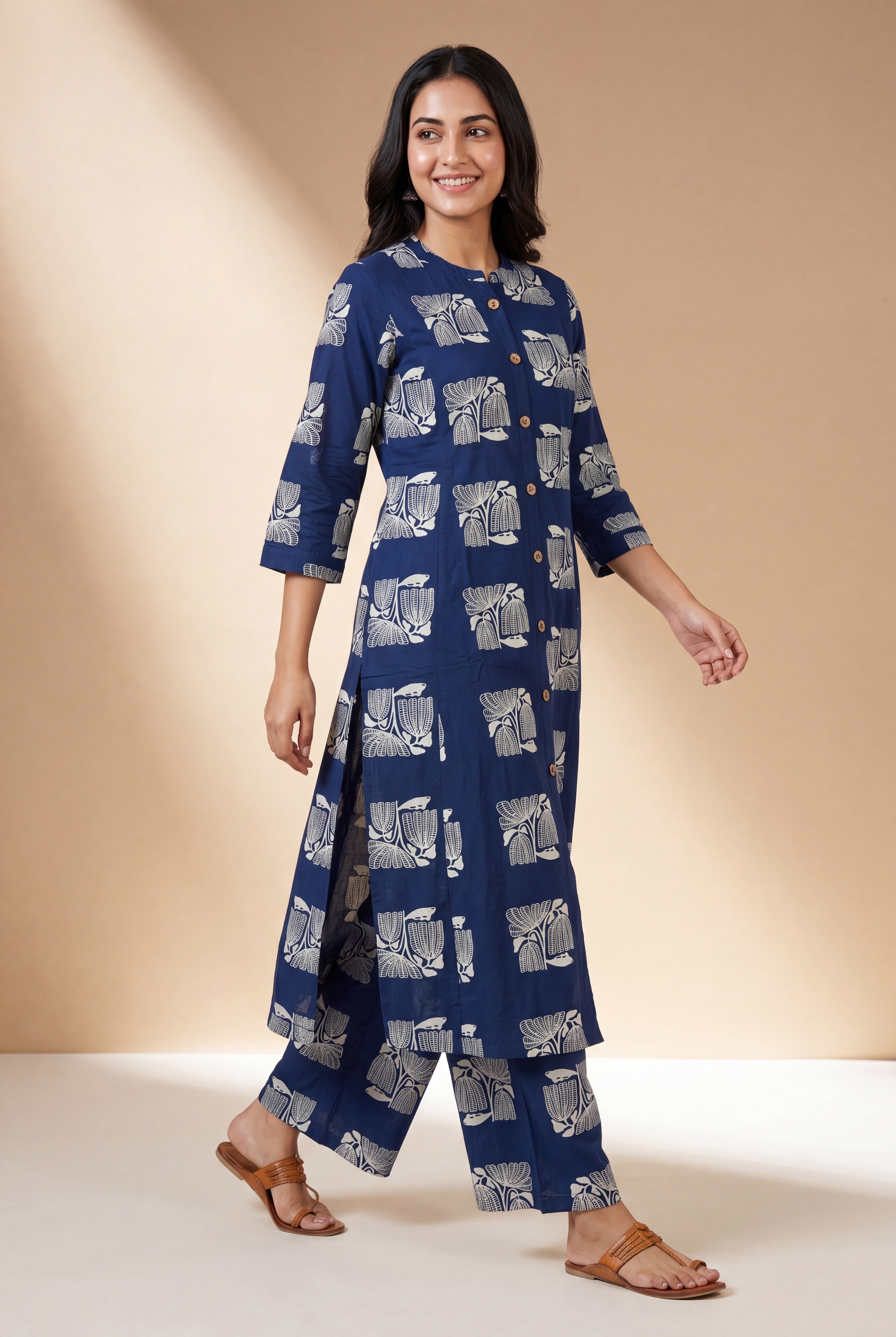 Indigo Blue Parna Cotton Co-ord Set with Botanical Block Print
