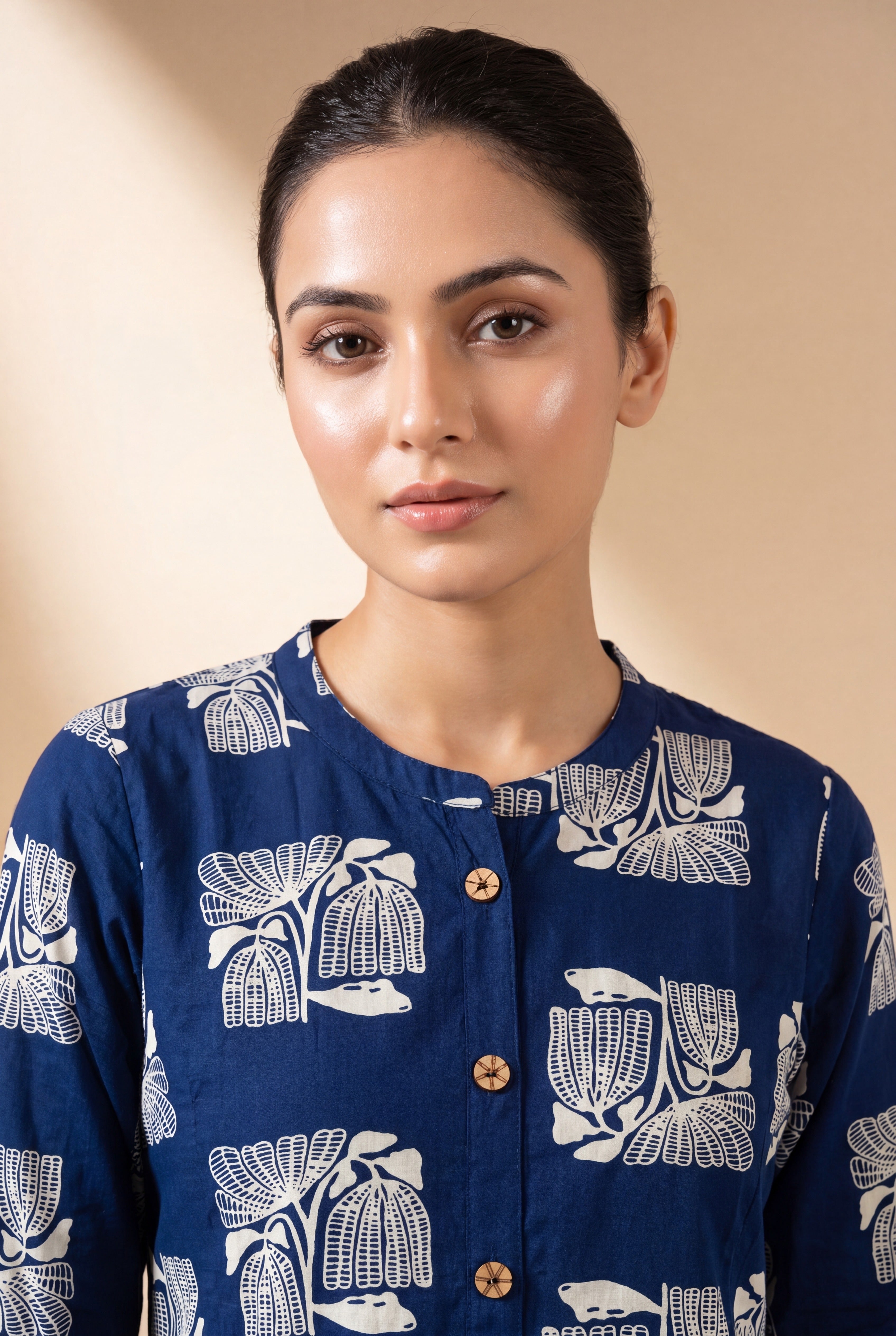 Indigo Blue Parna Cotton Co-ord Set with Botanical Block Print