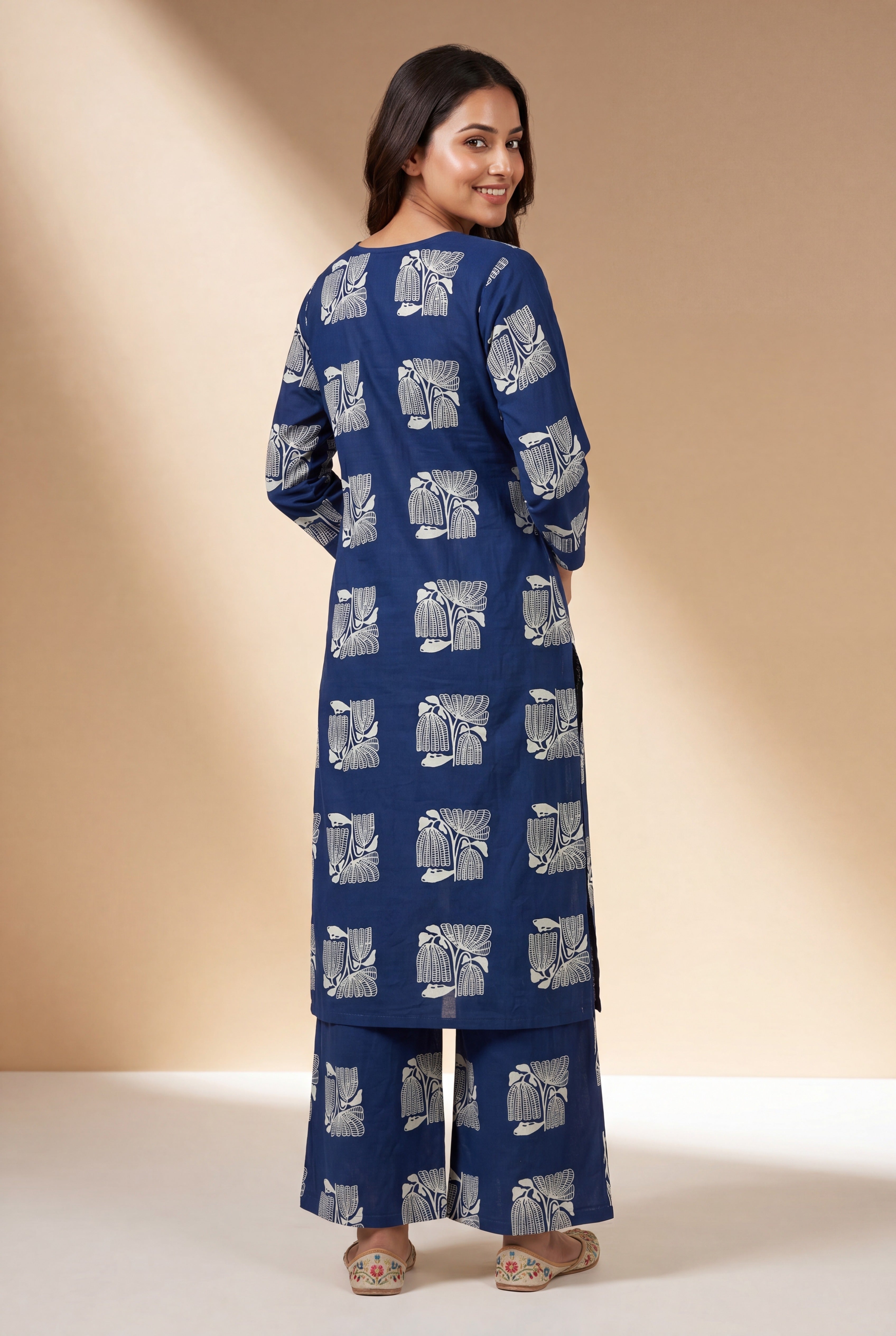 Indigo Blue Parna Cotton Co-ord Set with Botanical Block Print