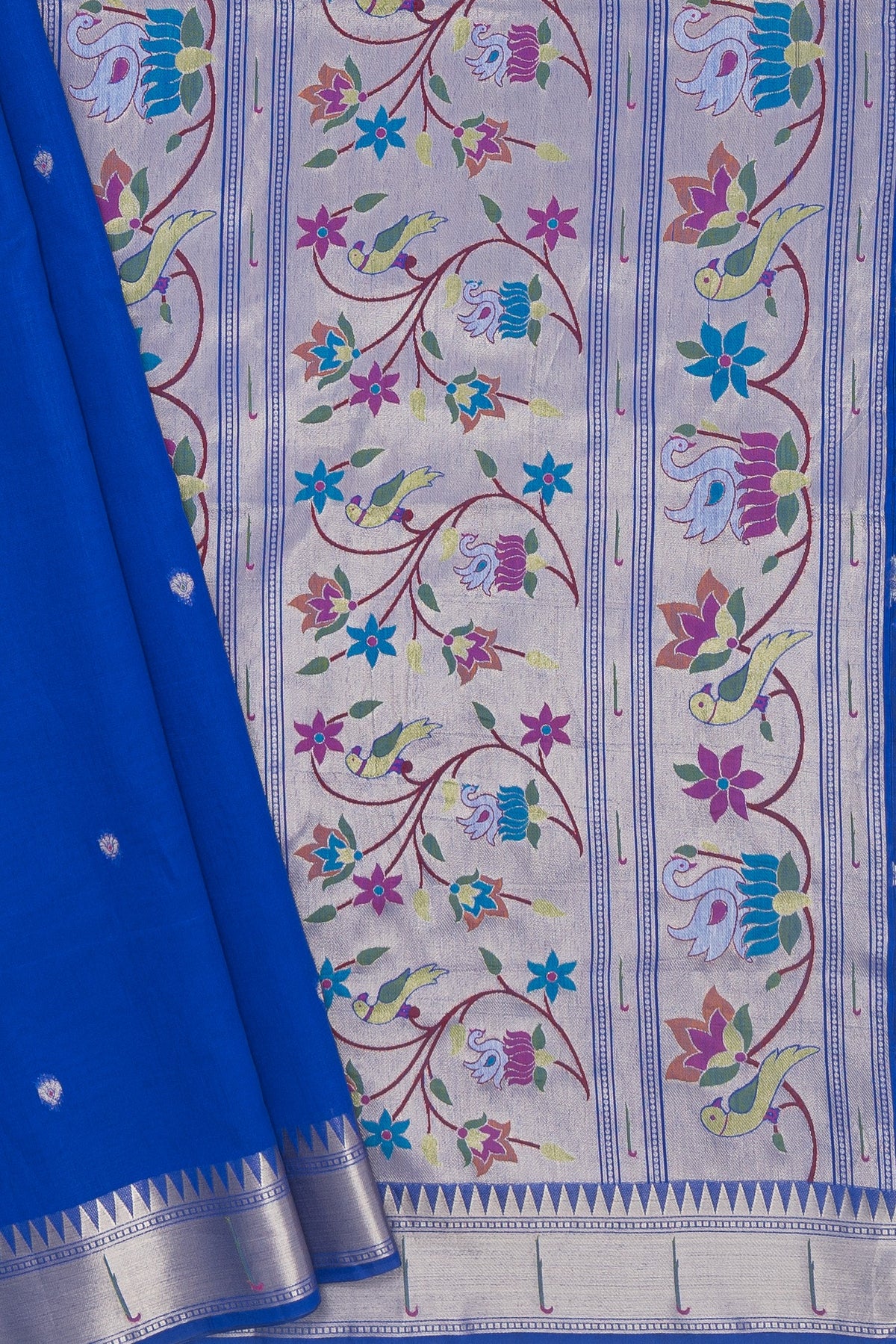 Indigo Blue Tussar Silk Paithani Saree with Temple Muniya Border and Pakshi Kamal Pallu