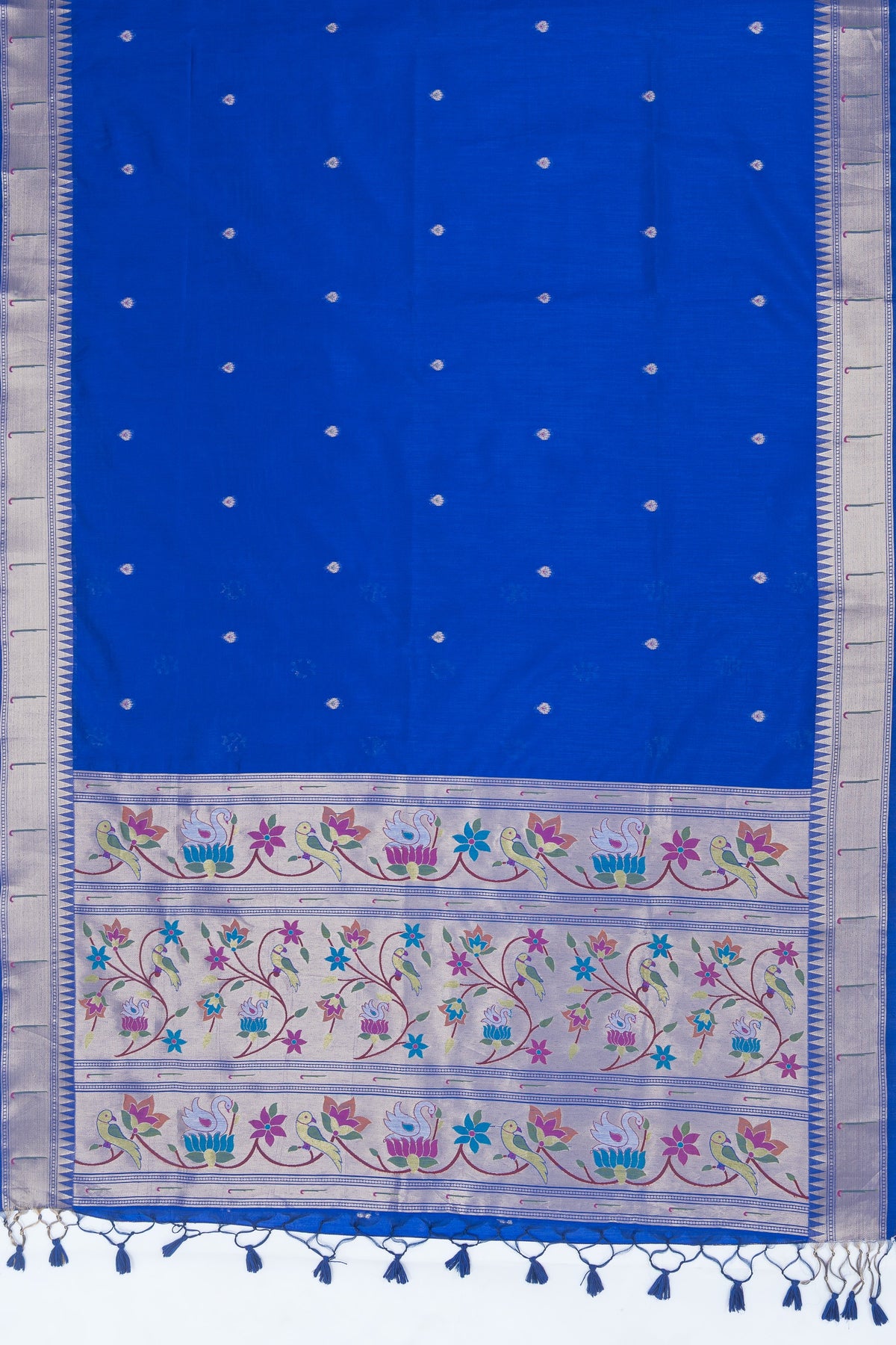 Indigo Blue Tussar Silk Paithani Saree with Temple Muniya Border and Pakshi Kamal Pallu