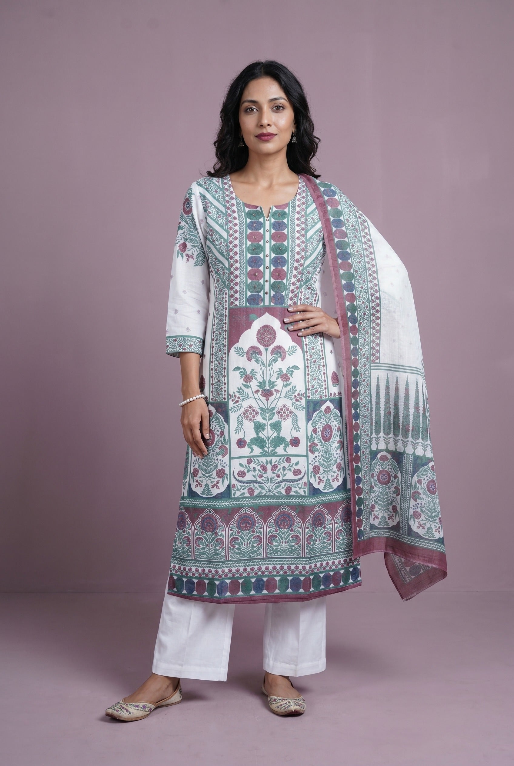 Ivory Cotton Jharokha Print Salwar Kameez