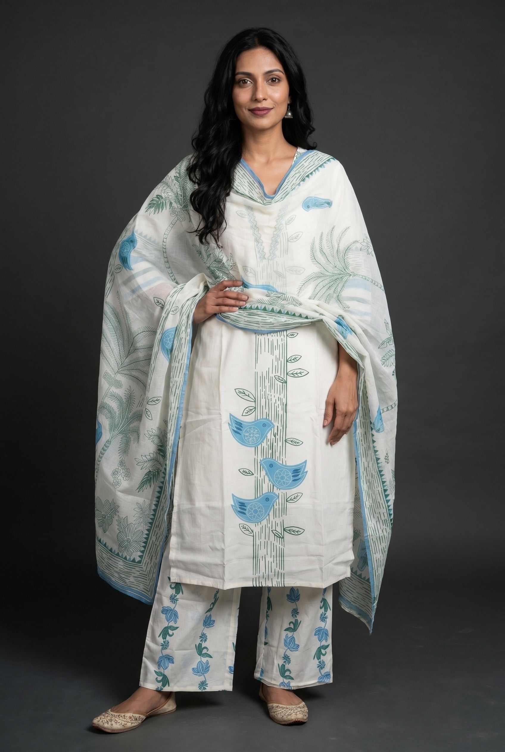 Ivory Cotton Kurti with Blue Kalrav Print