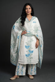 Ivory Cotton Kurti with Blue Kalrav Print