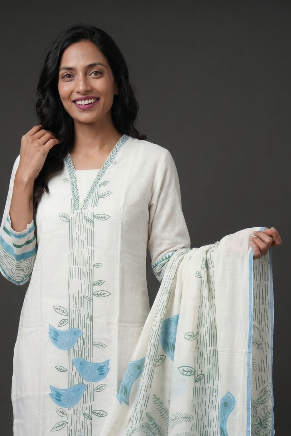 Ivory Cotton Kurti with Blue Kalrav Print