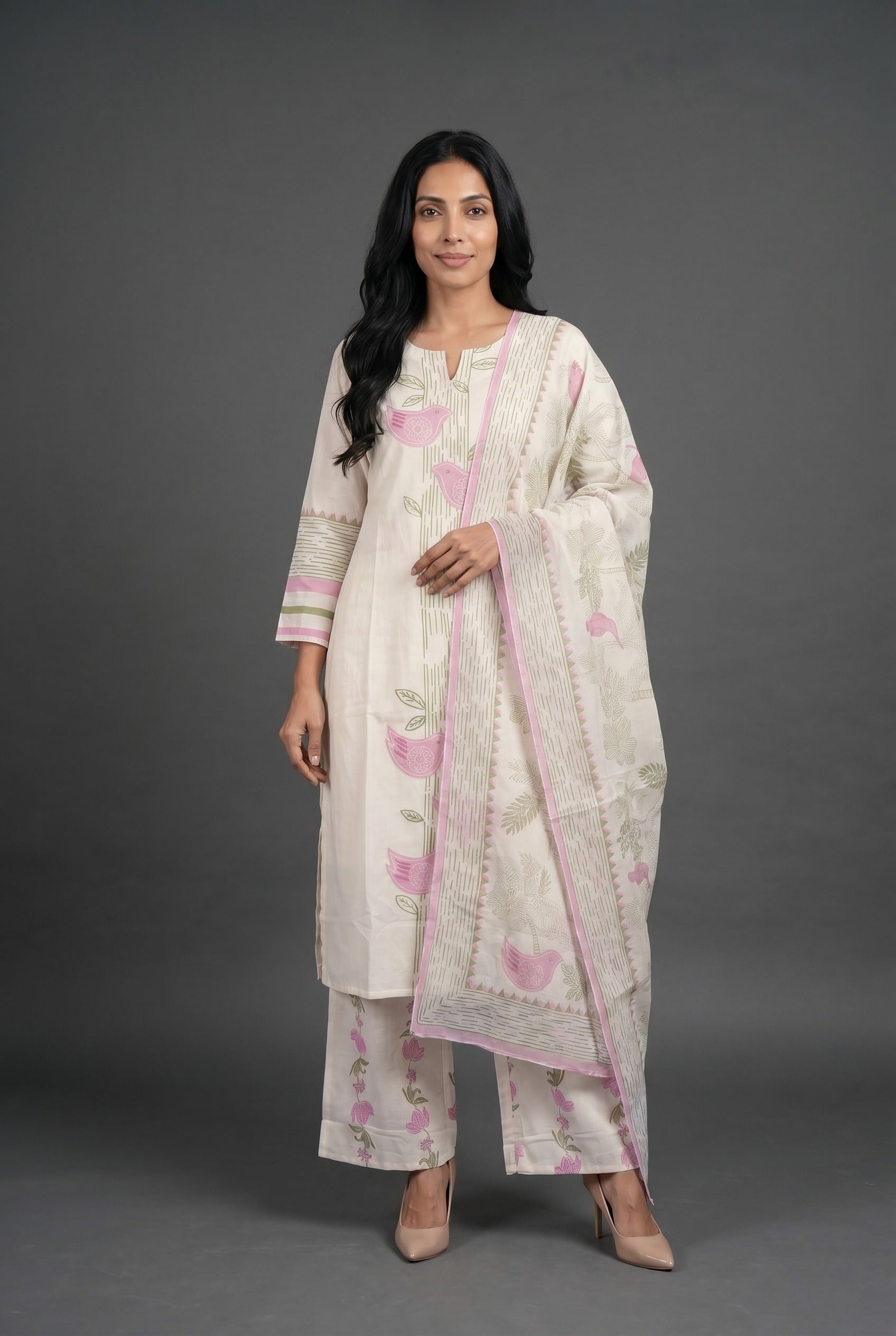 Ivory Cotton Kurti with Pink Kalrav Print