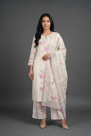 Ivory Cotton Kurti with Pink Kalrav Print