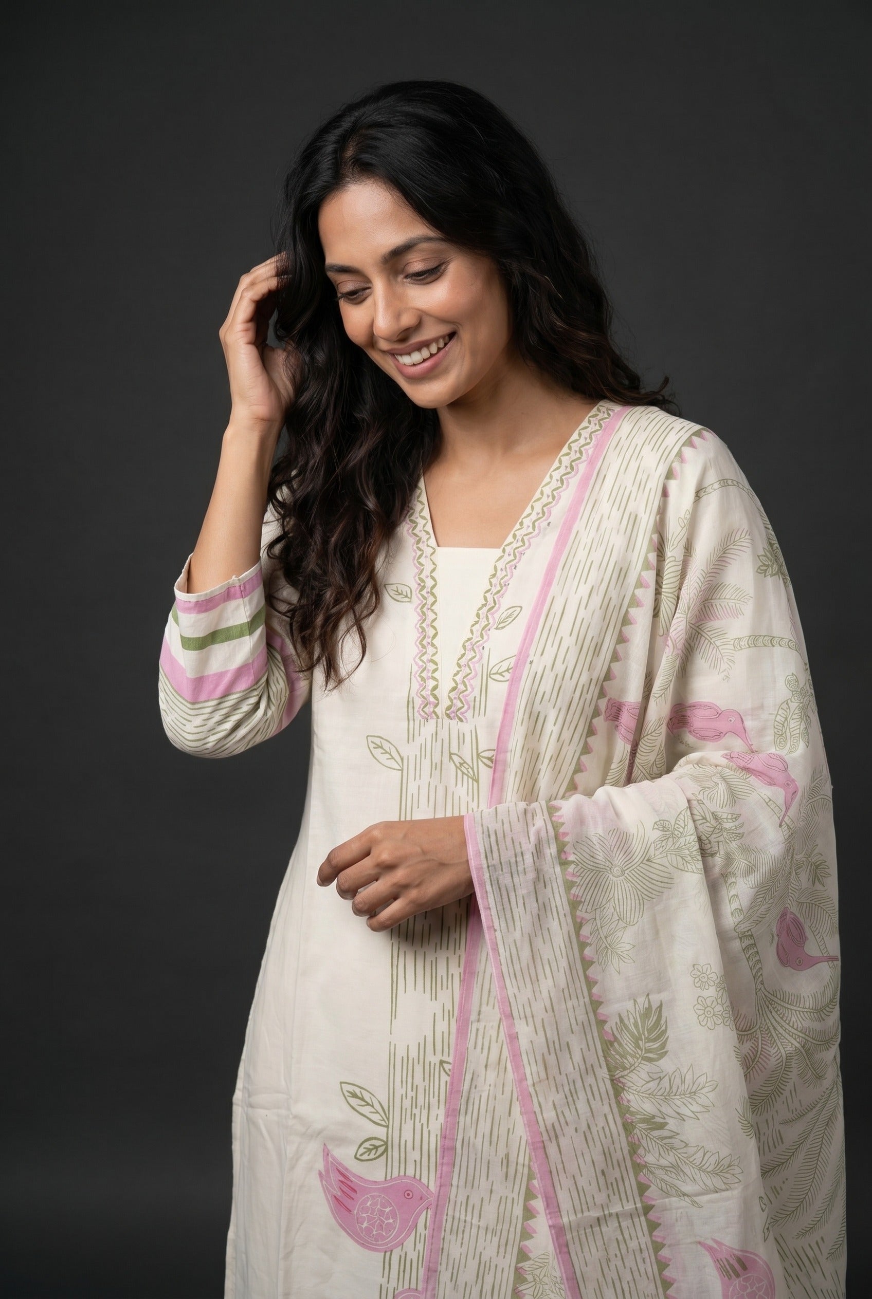 Ivory Cotton Kurti with Pink Kalrav Print