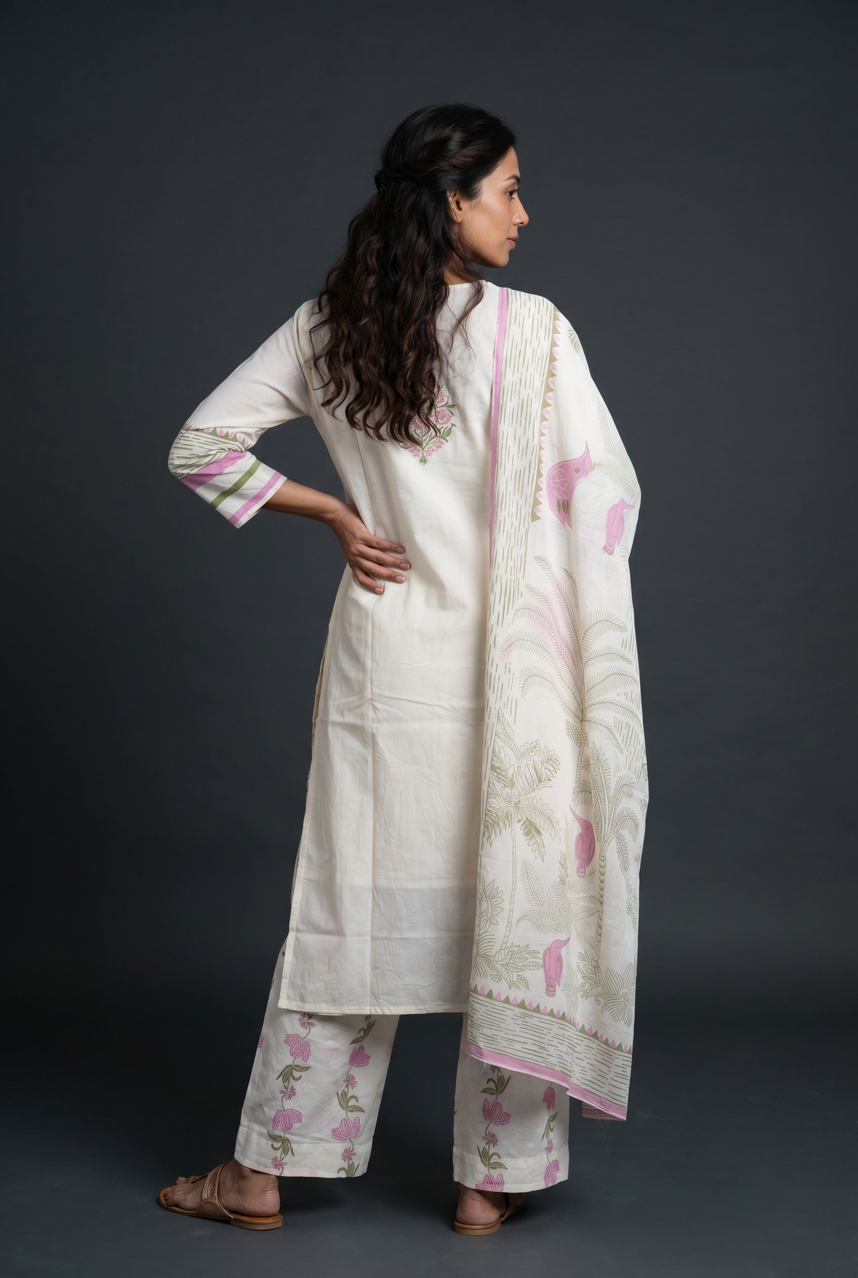 Ivory Cotton Kurti with Pink Kalrav Print