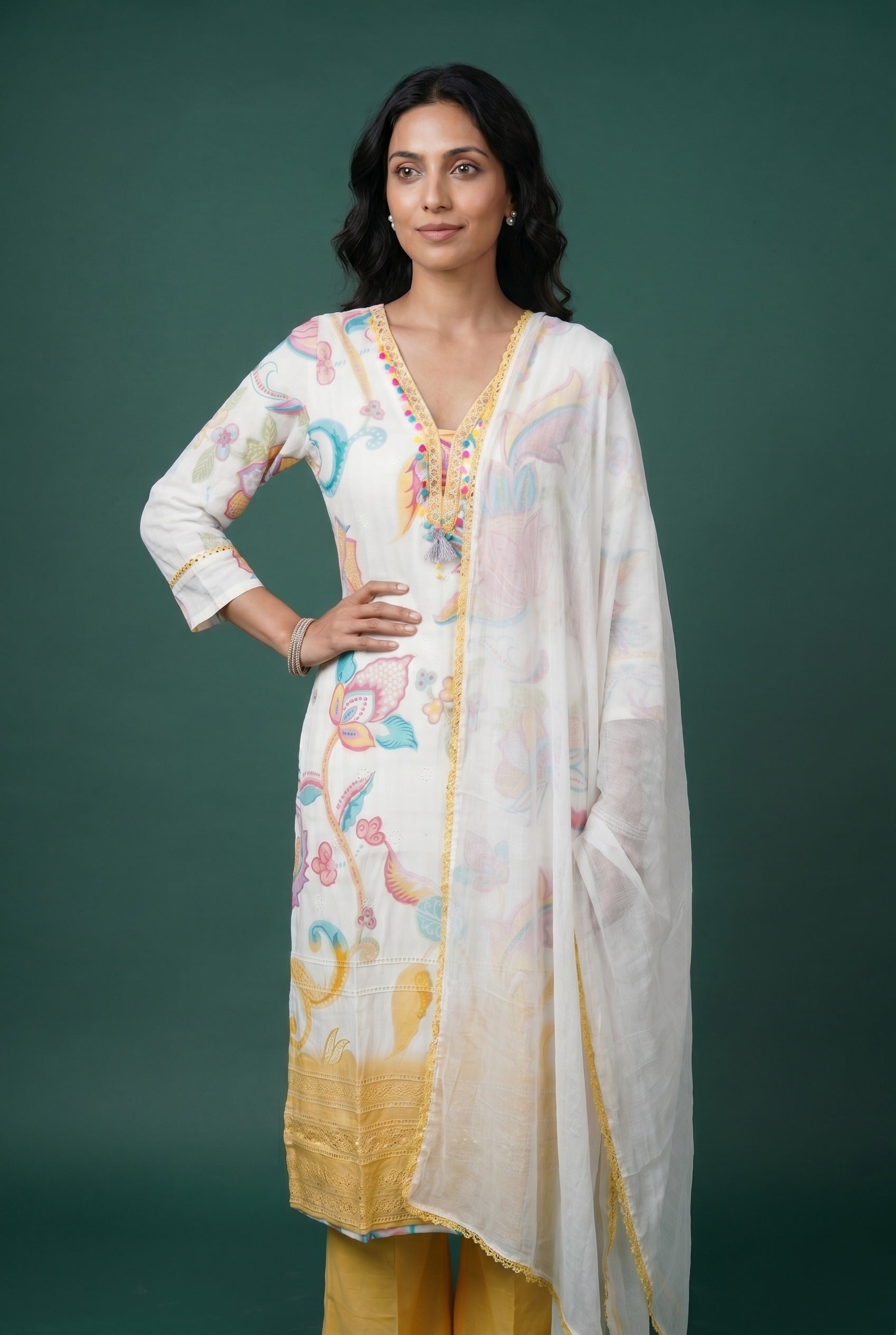 Ivory Cotton Salwar Kameez with Chikankari work and Kusuma Vana print